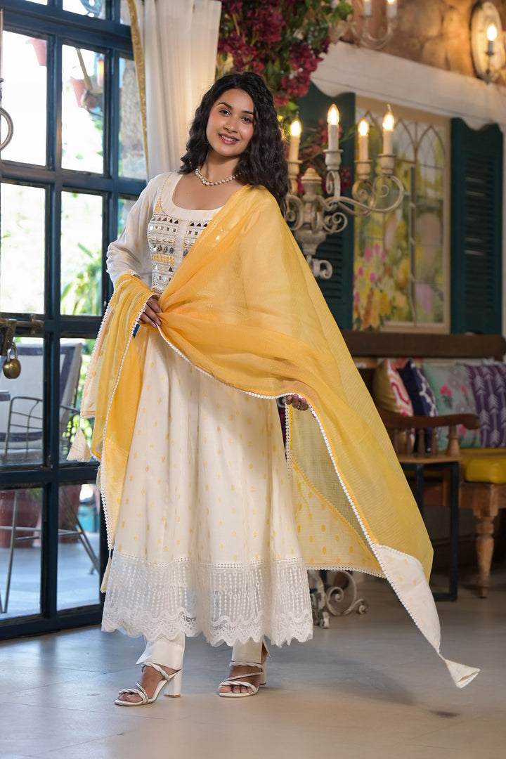 Aavanya Yellow Cotton Anarkali Square Neck Mirror Work Kurta & Trouser With Dupatta