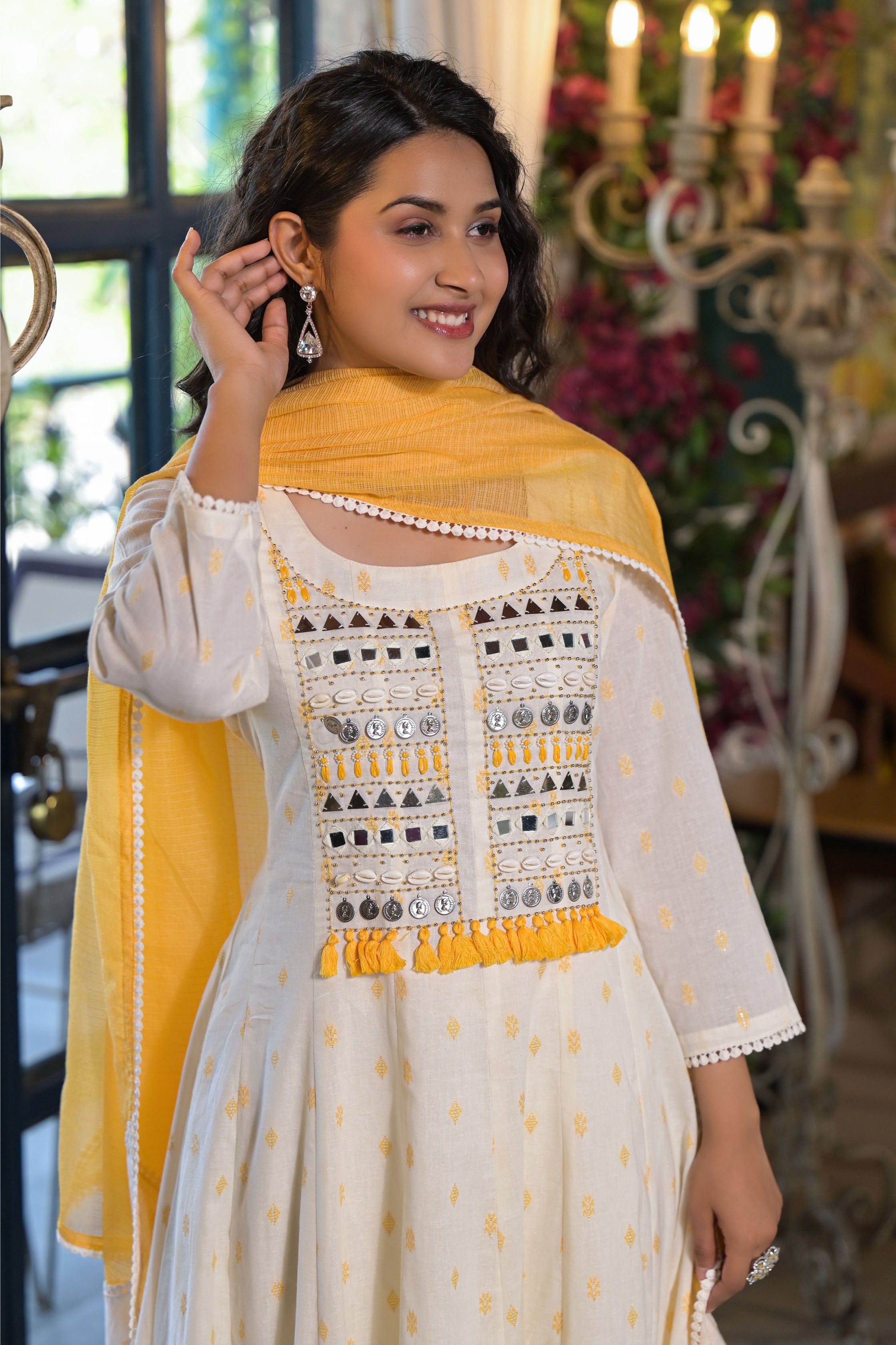 Yellow Cotton Anarkali Square Neck Mirror Work Kurta & Trouser With Dupatta