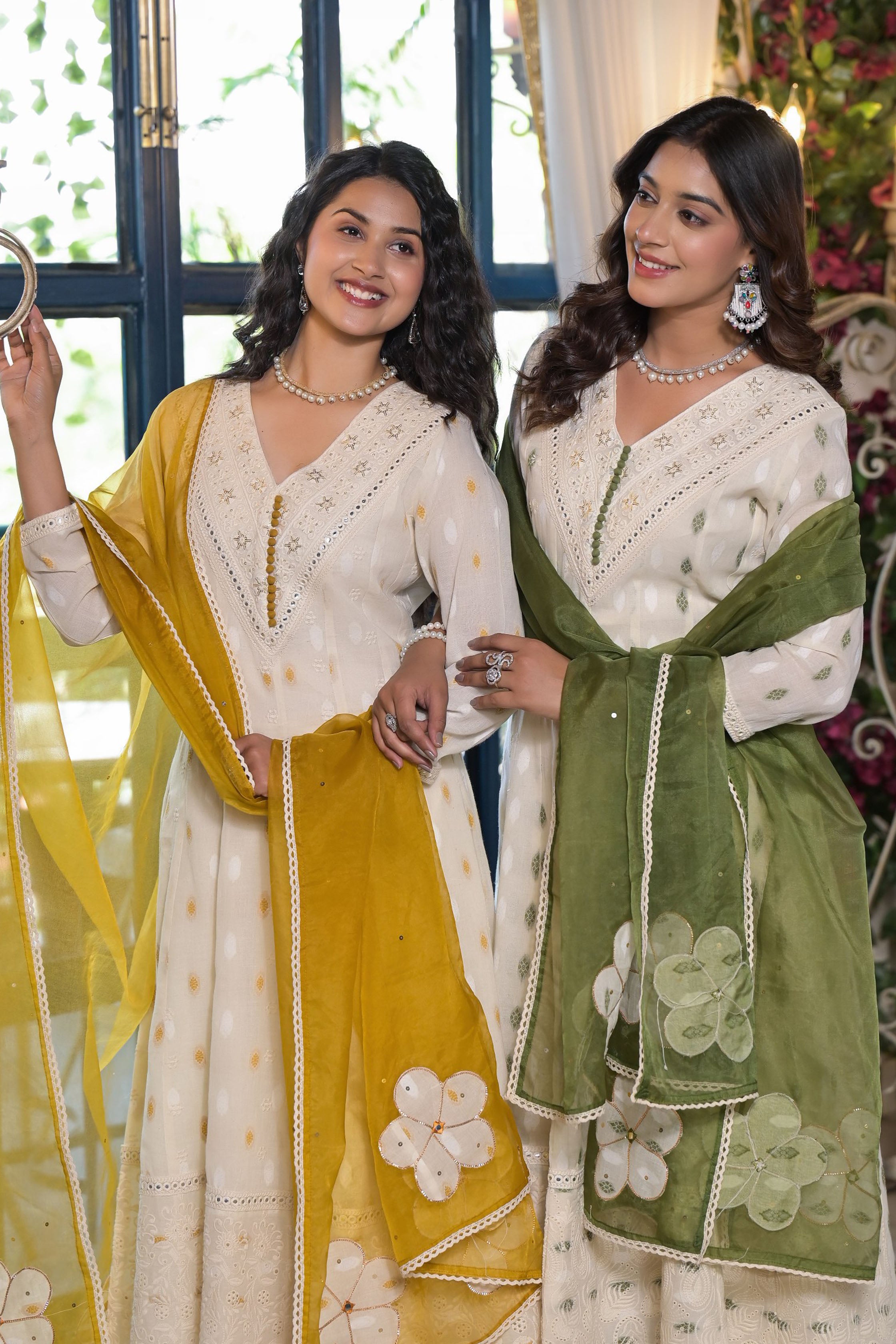 Green Cotton Regular Anarkali V-Neck Sequinned Kurta and Trouser with Duaptta