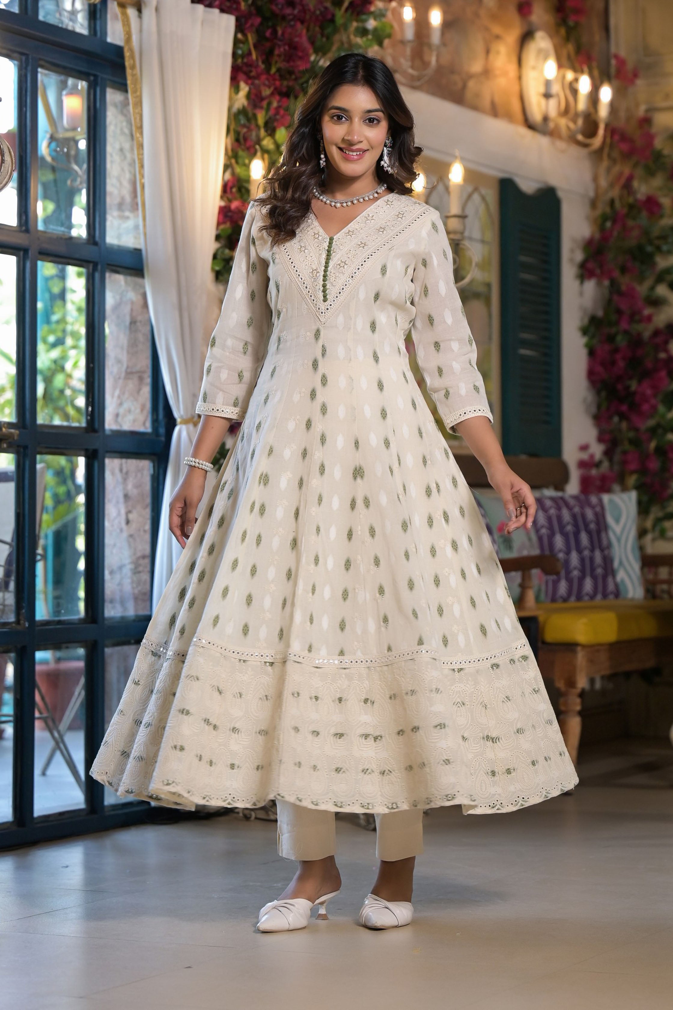 Green Cotton Regular Anarkali V-Neck Sequinned Kurta and Trouser with Duaptta