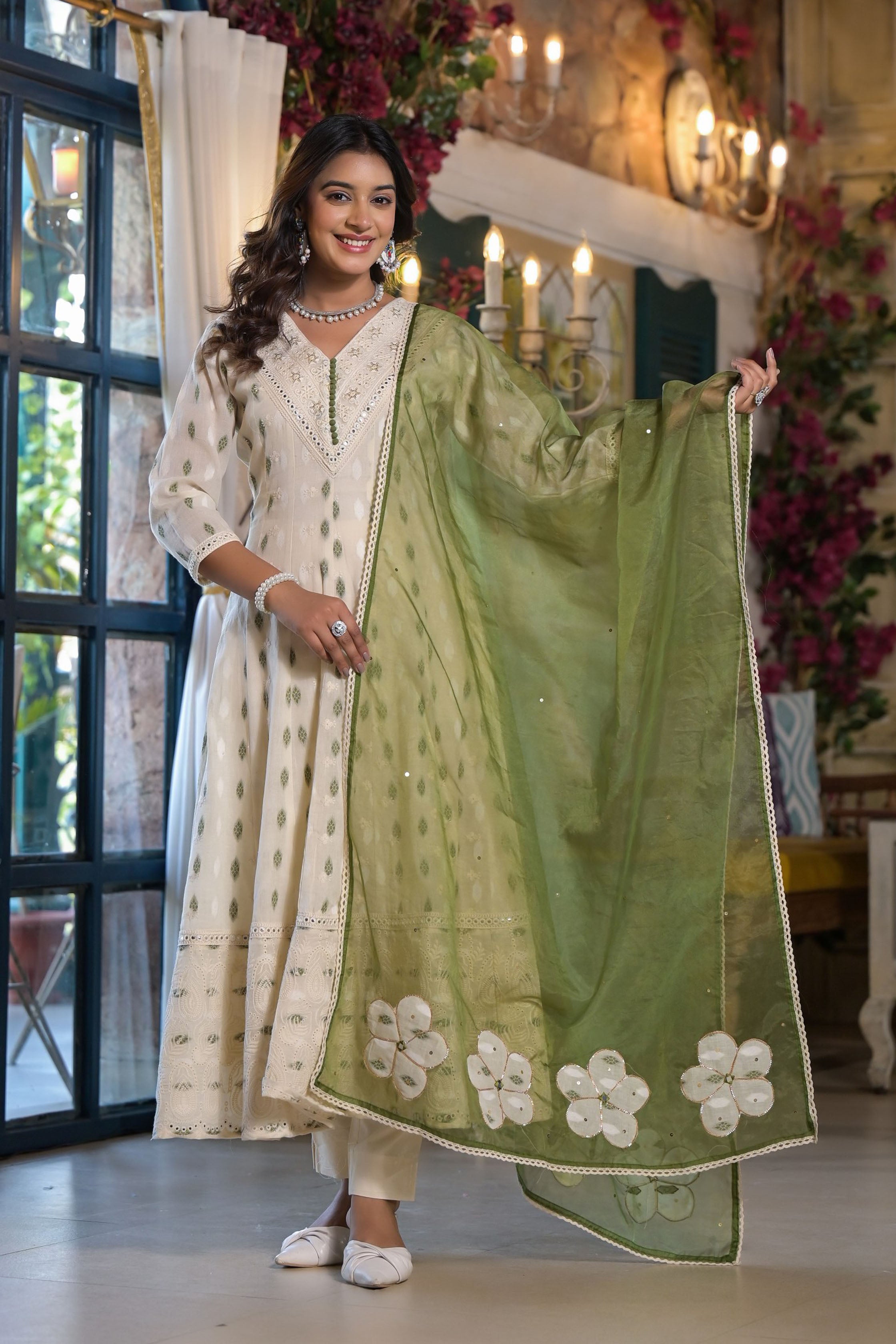 Green Cotton Regular Anarkali V-Neck Sequinned Kurta and Trouser with Duaptta