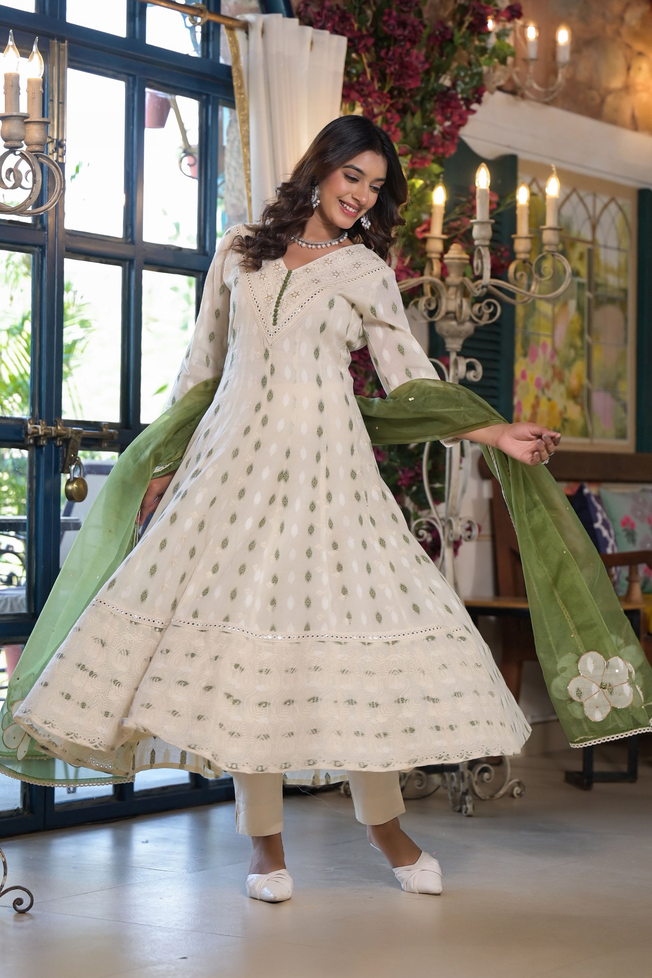 Green Cotton Regular Anarkali V-Neck Sequinned Kurta and Trouser with Duaptta