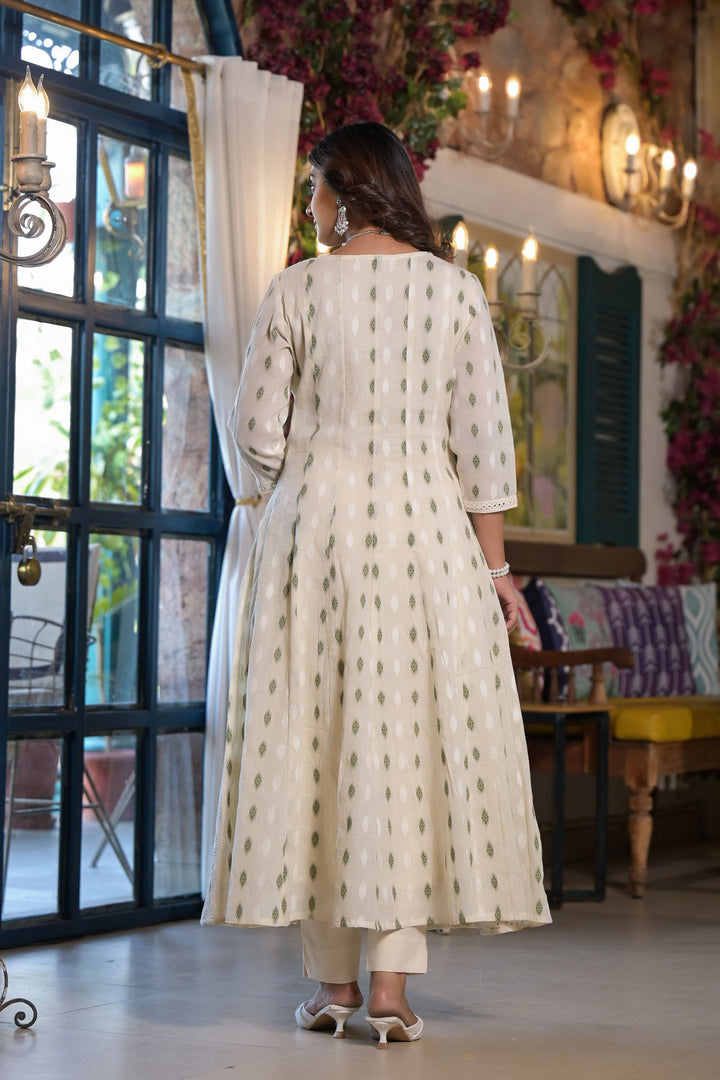 Green Cotton Regular Anarkali V-Neck Sequinned Kurta and Trouser with Duaptta