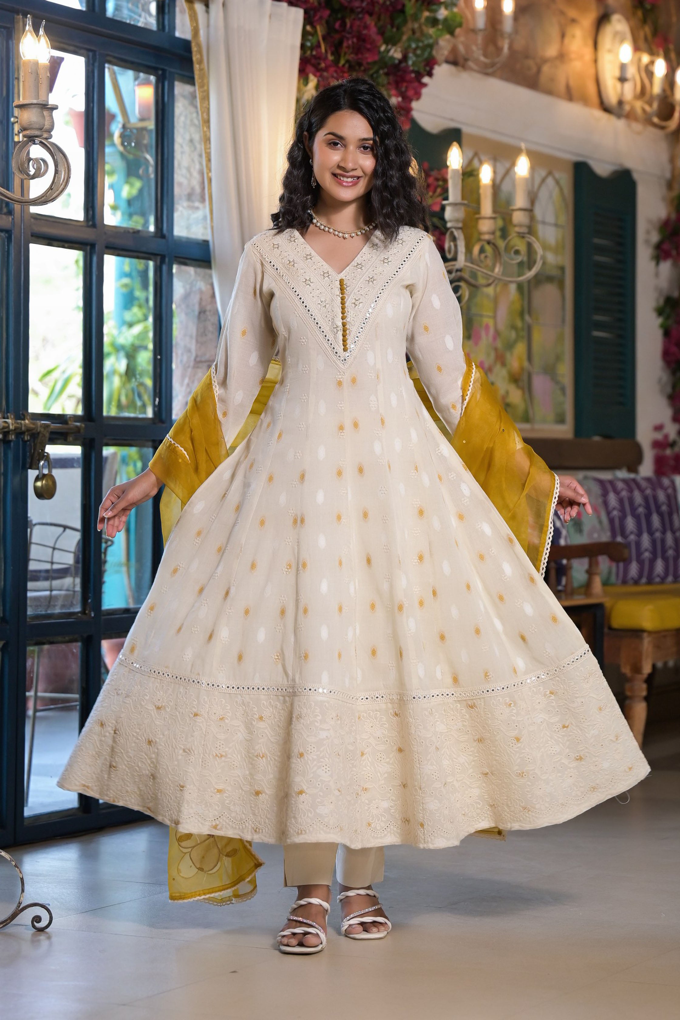Aavanya Mustard Cotton Regular Anarkali V-Neck Sequinned Kurta and Trouser with Duaptta