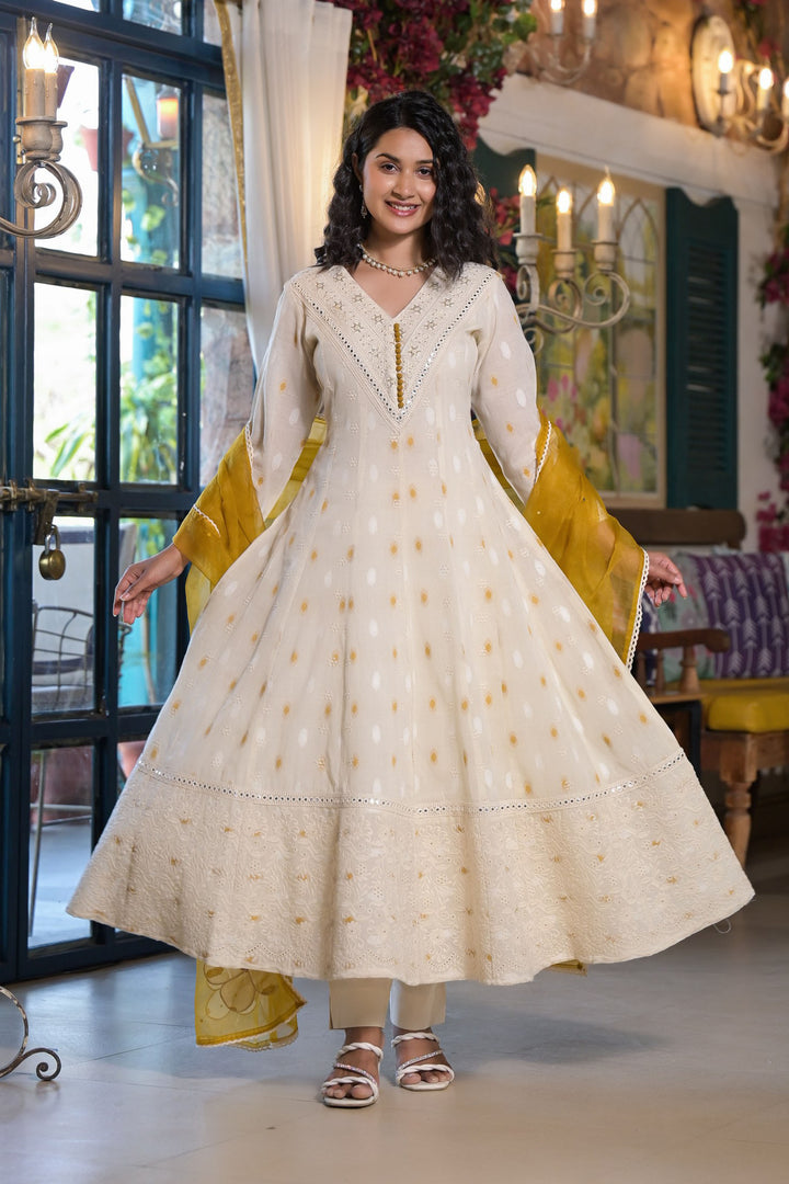 Aavanya Mustard Cotton Regular Anarkali V-Neck Sequinned Kurta and Trouser with Duaptta