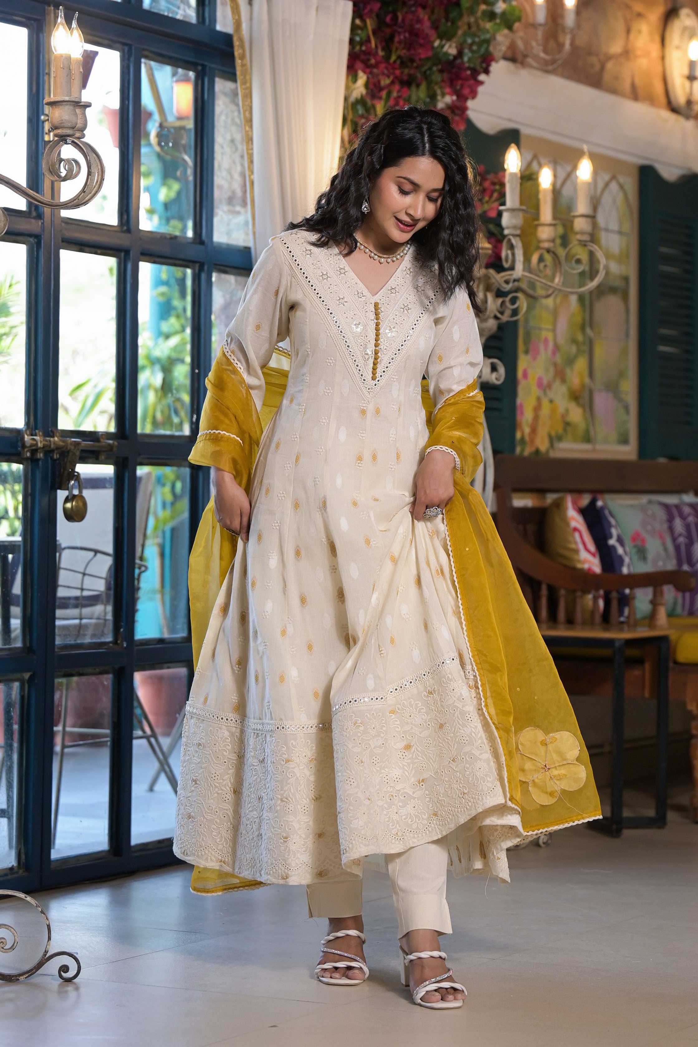 Mustard Cotton Regular Anarkali V-Neck Sequinned Kurta and Trouser with Duaptta