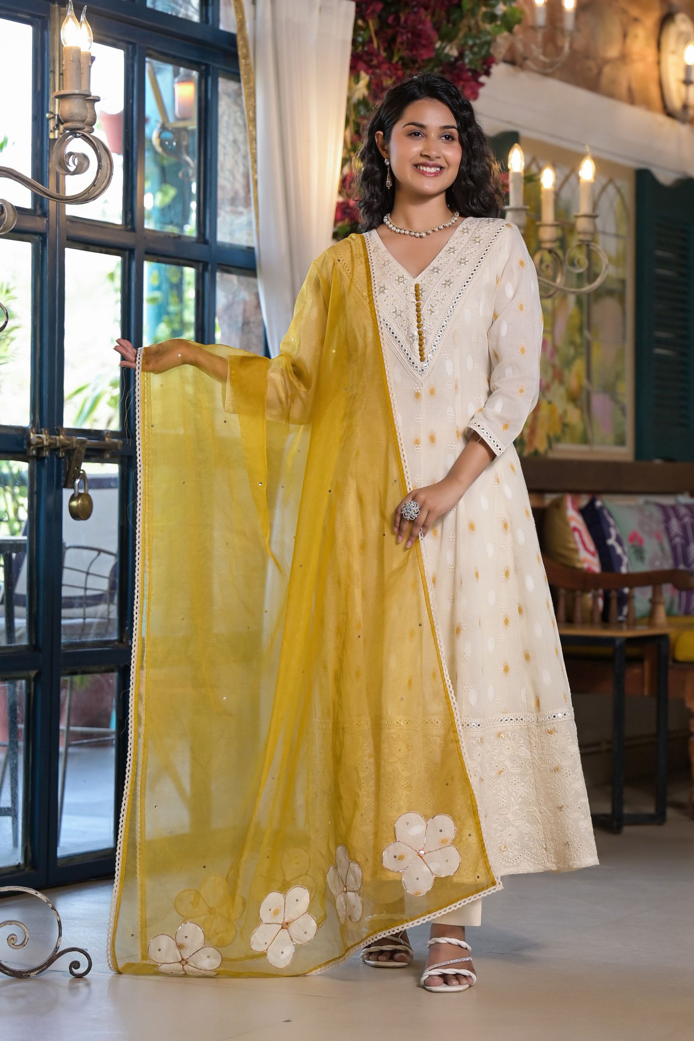 Mustard Cotton Regular Anarkali V-Neck Sequinned Kurta and Trouser with Duaptta