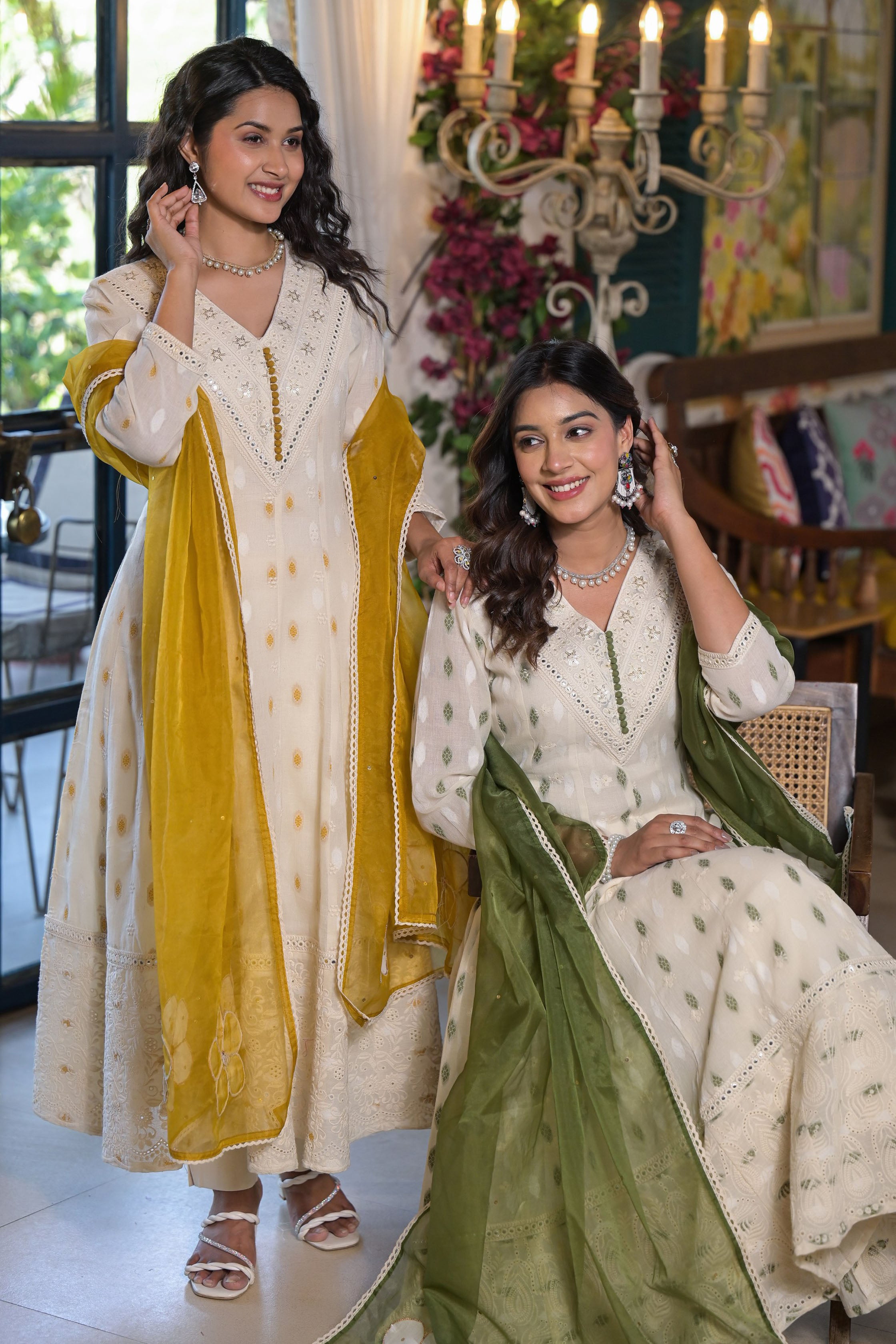 Mustard Cotton Regular Anarkali V-Neck Sequinned Kurta and Trouser with Duaptta
