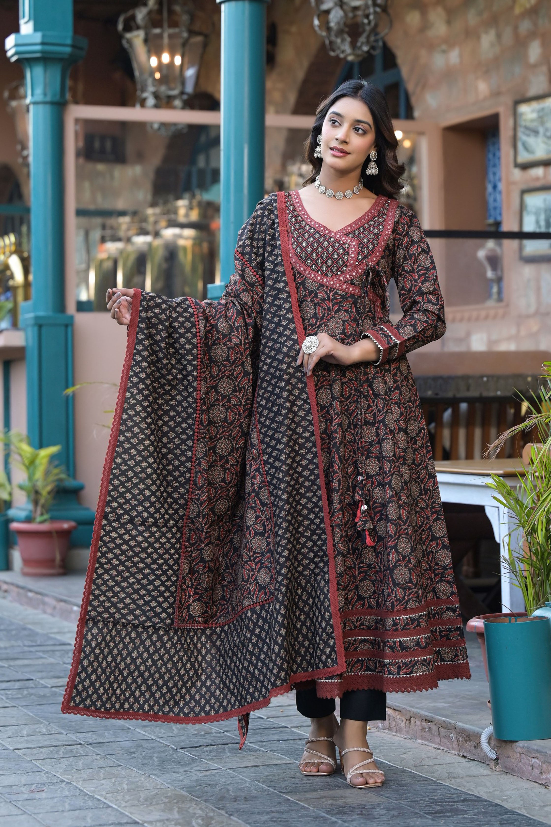 Black Cotton Anarkali V-Neck Sequinned Kurta & Trouser With Dupatta