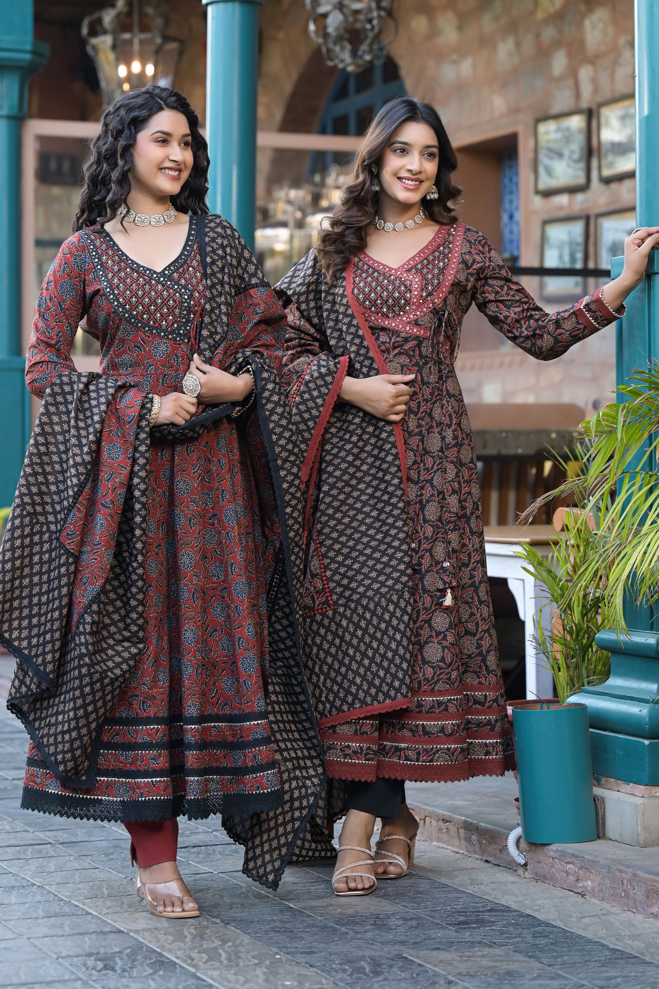 Black Cotton Anarkali V-Neck Sequinned Kurta & Trouser With Dupatta