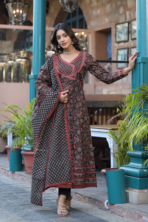 Aavanya Black Cotton Anarkali V-Neck Sequinned Kurta & Trouser With Dupatta