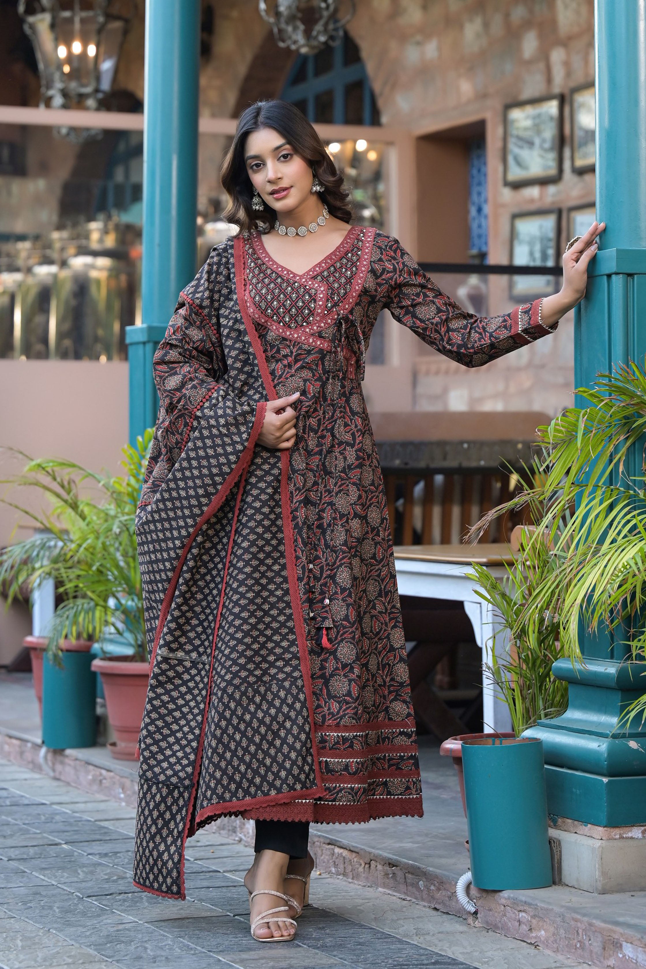 Aavanya Black Cotton Anarkali V-Neck Sequinned Kurta & Trouser With Dupatta