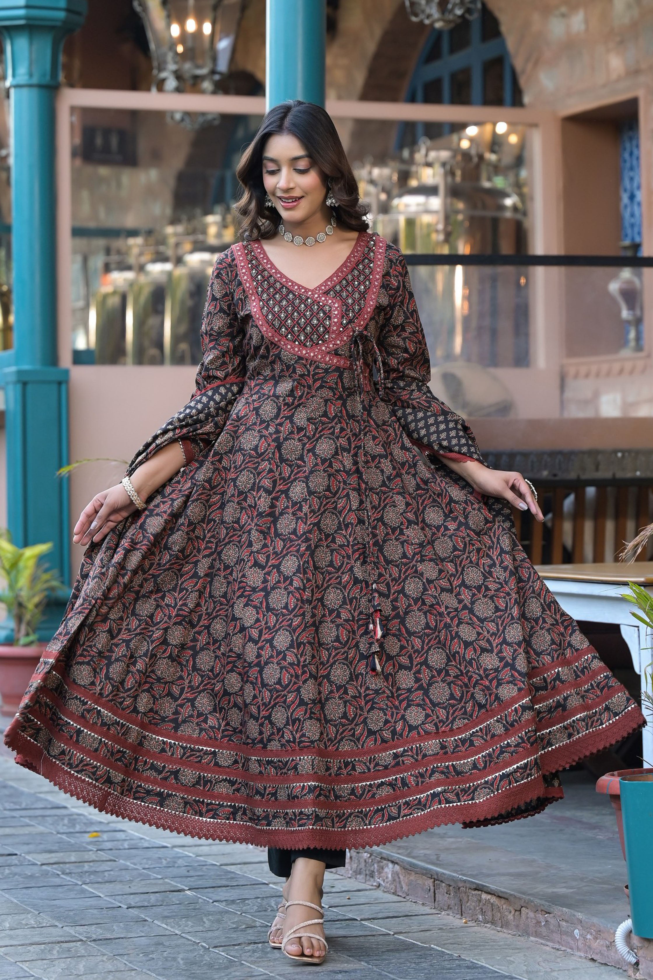 Black Cotton Anarkali V-Neck Sequinned Kurta & Trouser With Dupatta