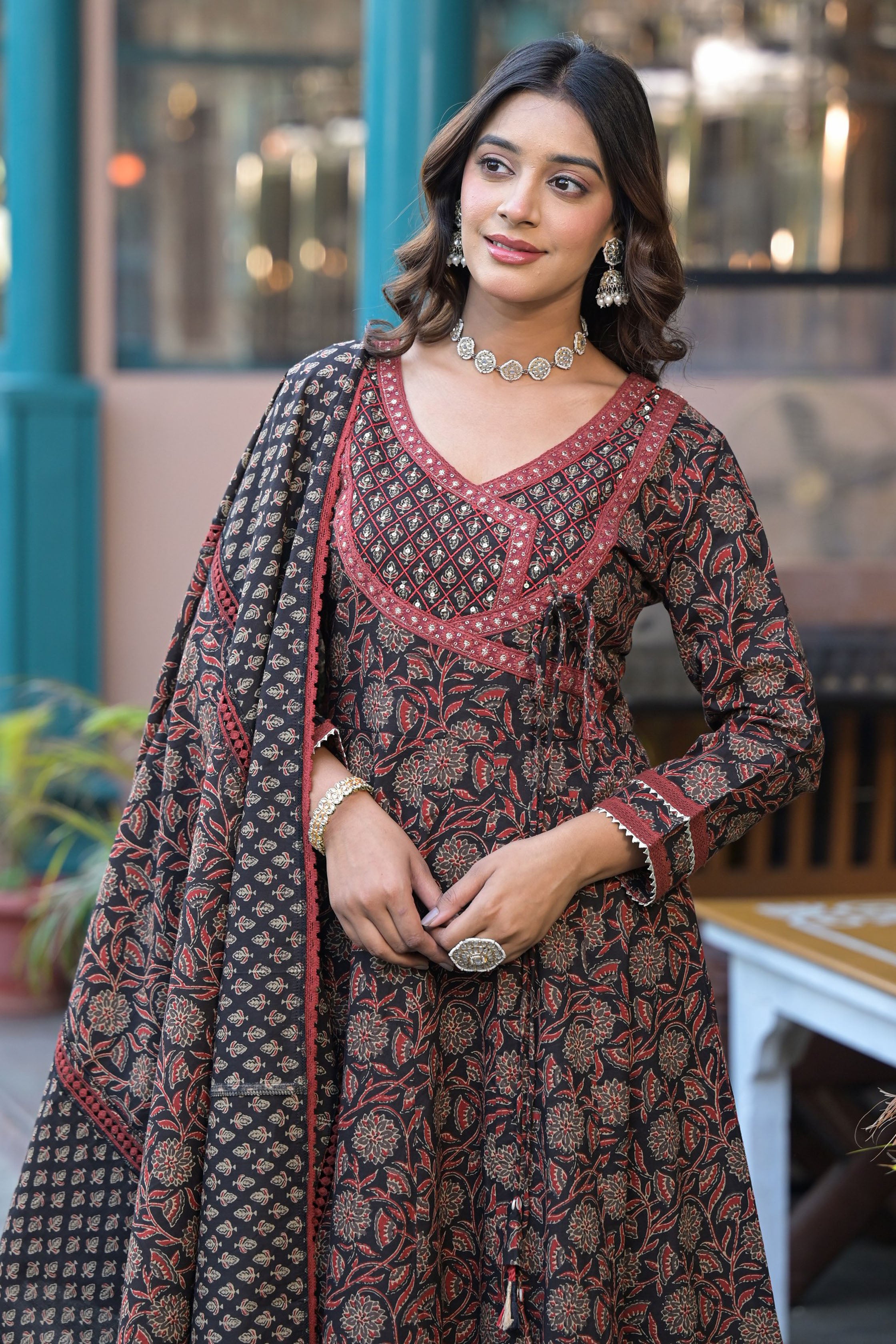 Black Cotton Anarkali V-Neck Sequinned Kurta & Trouser With Dupatta