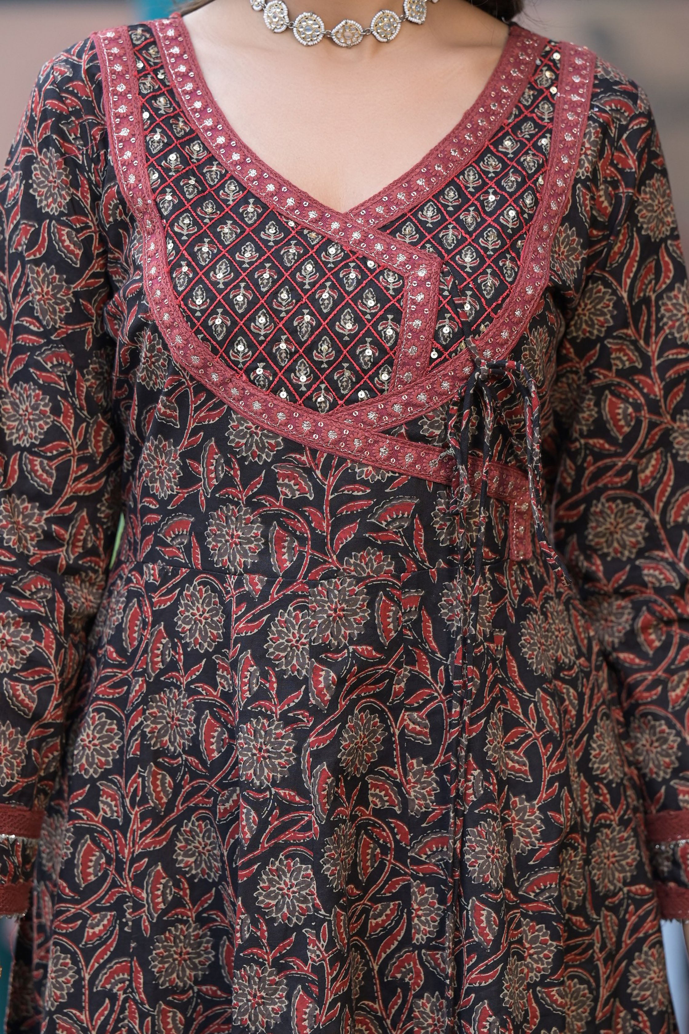 Black Cotton Anarkali V-Neck Sequinned Kurta & Trouser With Dupatta