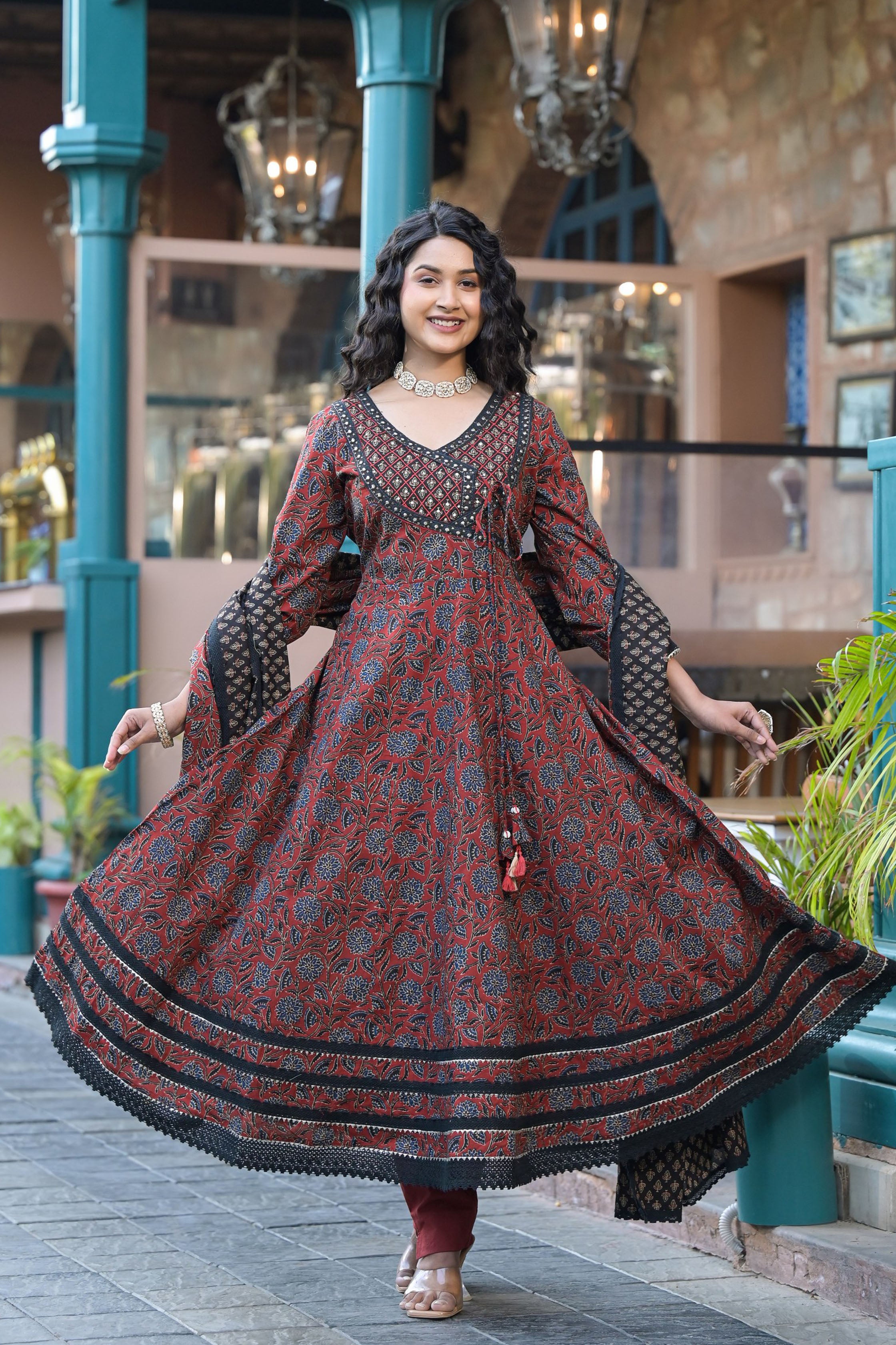 Maroon Cotton Anarkali V-Neck Sequinned Kurta & Trouser With Dupatta