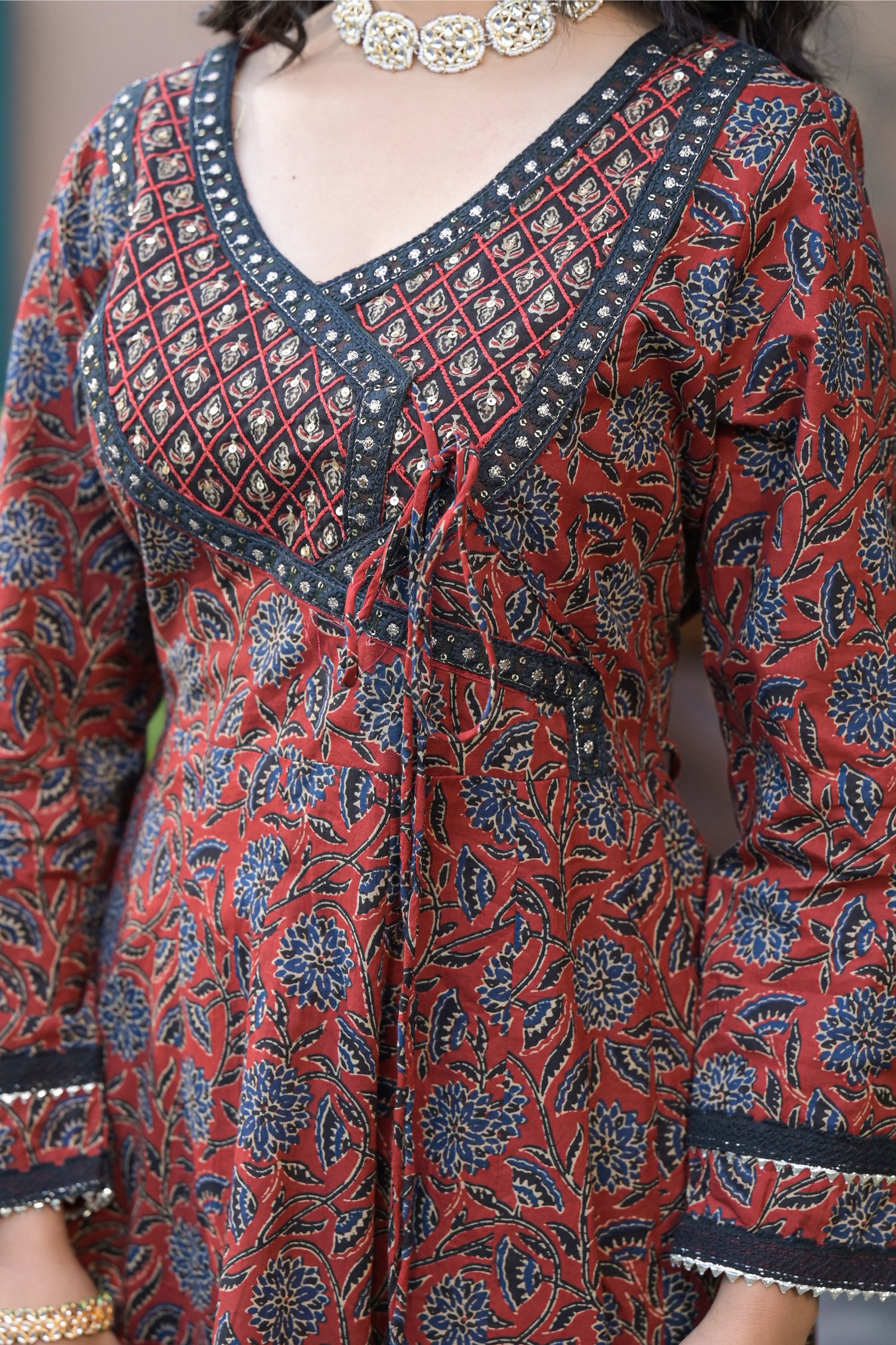 Maroon Cotton Anarkali V-Neck Sequinned Kurta & Trouser With Dupatta