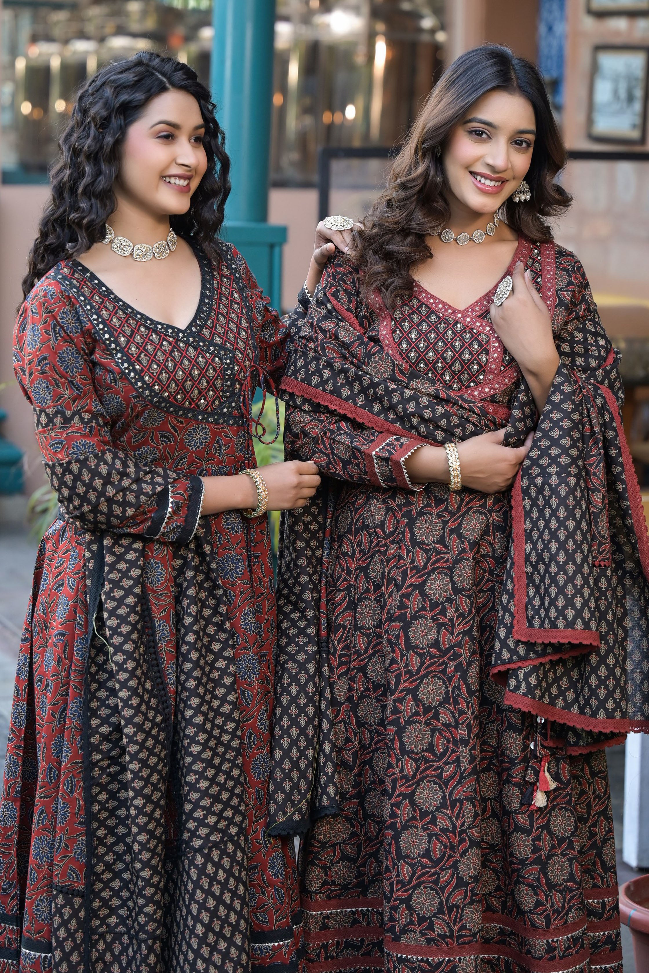 Maroon Cotton Anarkali V-Neck Sequinned Kurta & Trouser With Dupatta