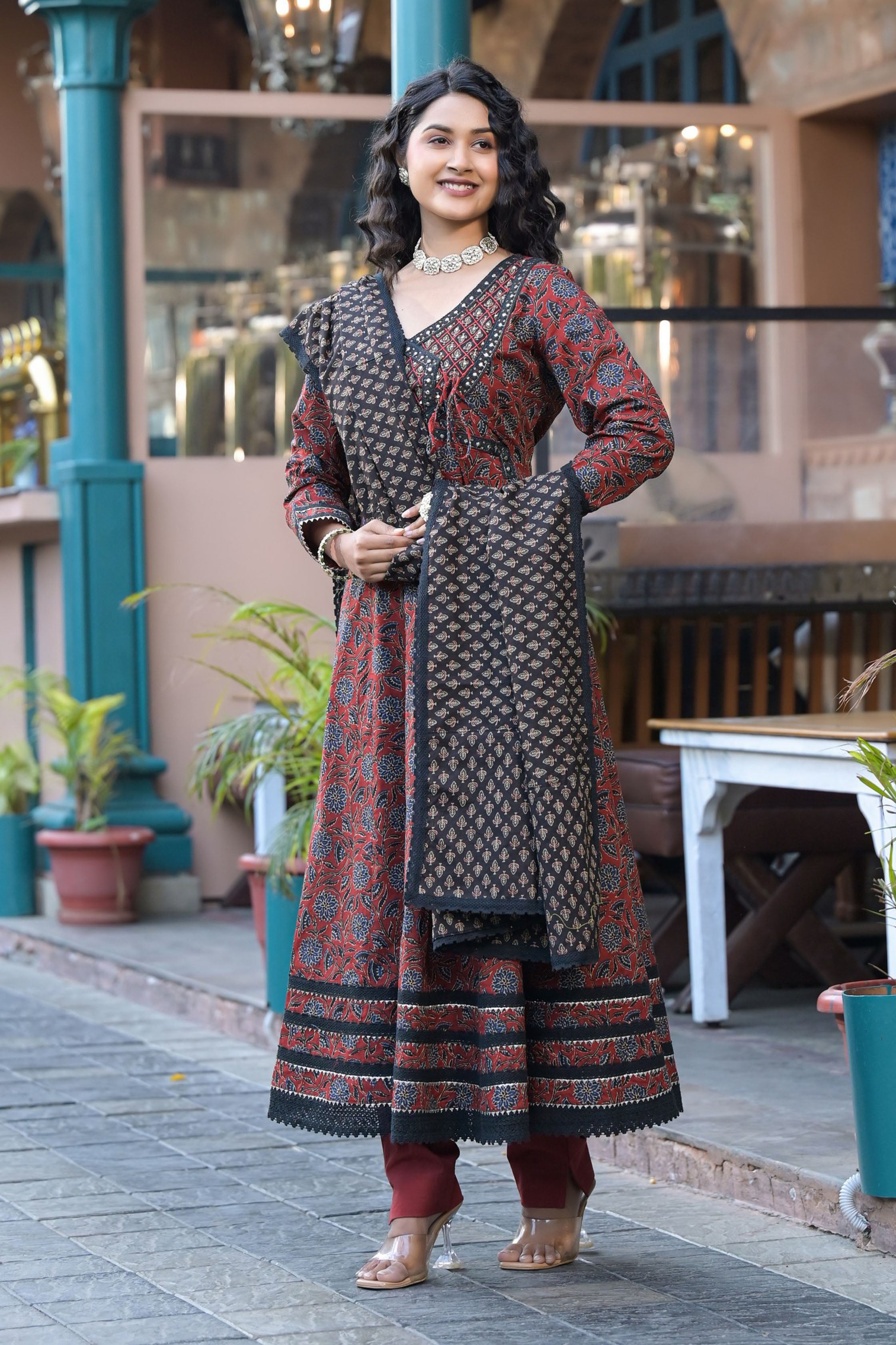 Aavanya Maroon Cotton Anarkali V-Neck Sequinned Kurta & Trouser With Dupatta