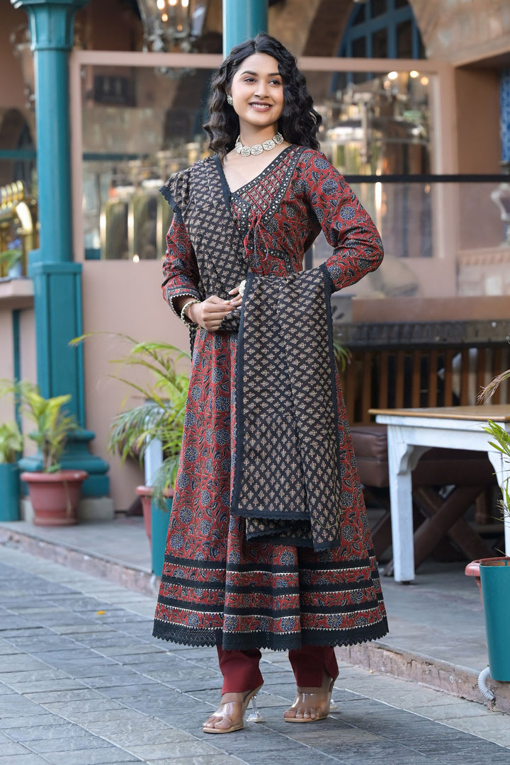 Aavanya Maroon Cotton Anarkali V-Neck Sequinned Kurta & Trouser With Dupatta