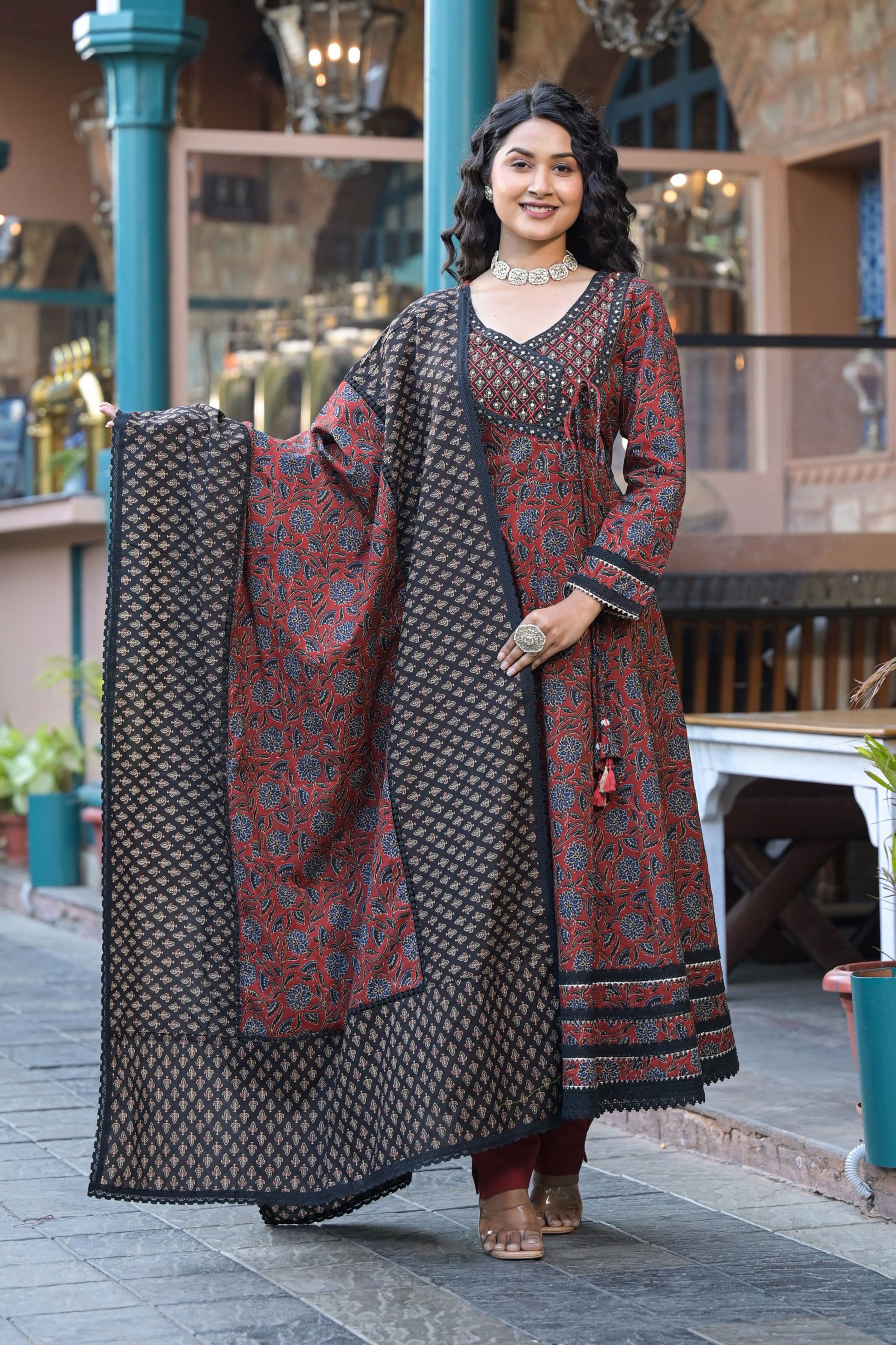 Maroon Cotton Anarkali V-Neck Sequinned Kurta & Trouser With Dupatta