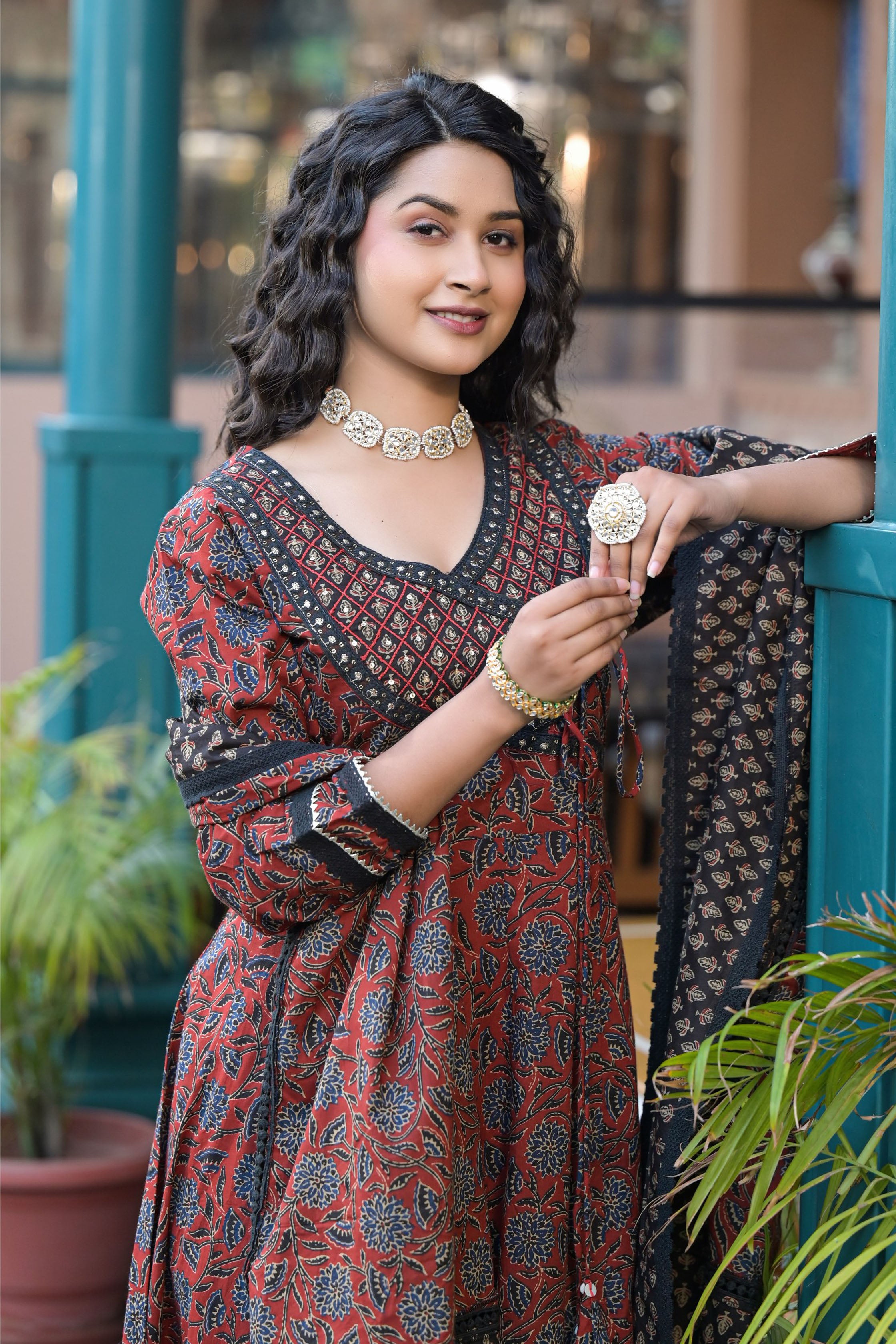 Maroon Cotton Anarkali V-Neck Sequinned Kurta & Trouser With Dupatta