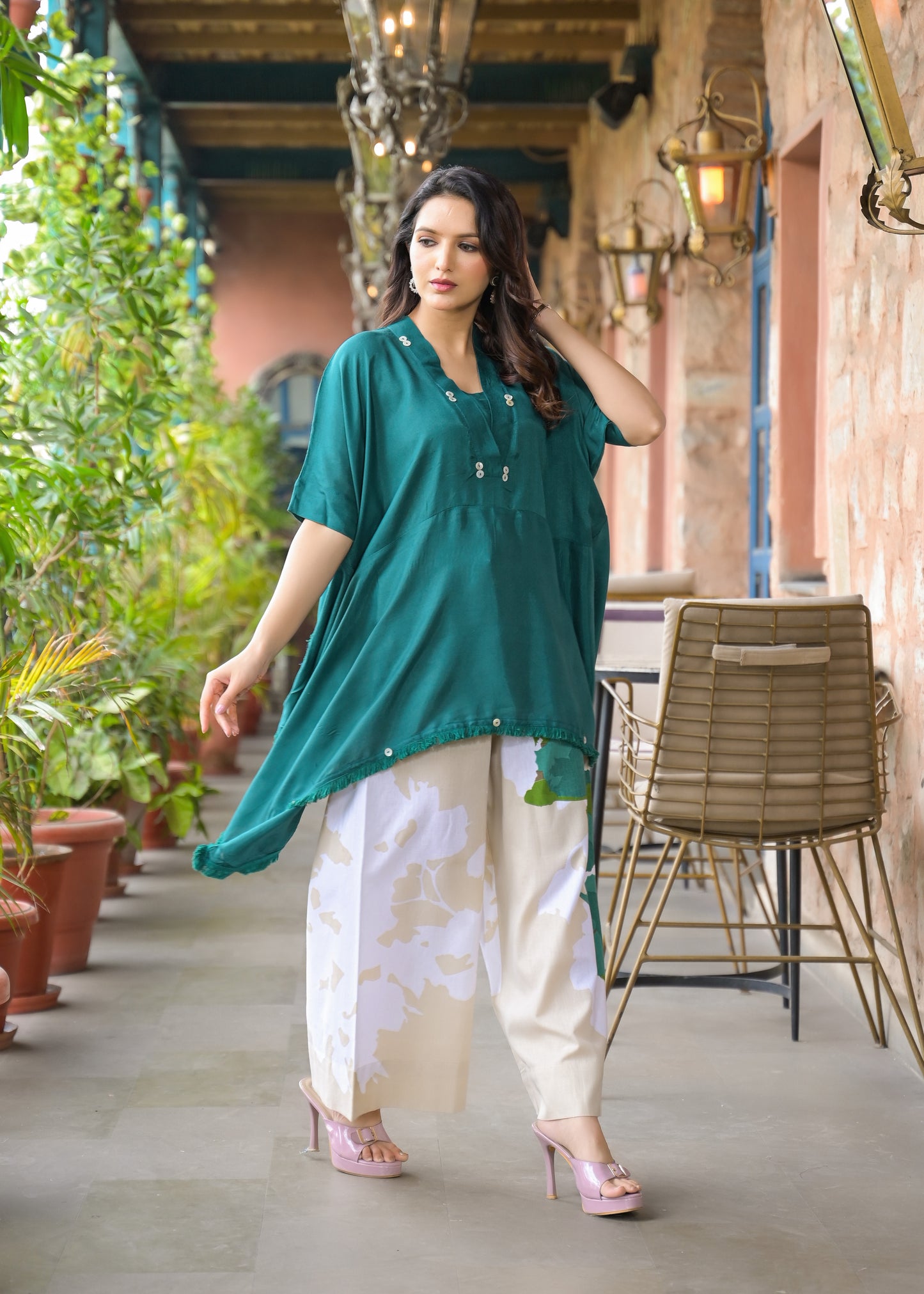 Kaftan kurta 2 Piece Cord Set with Kalamkari Print Bottom