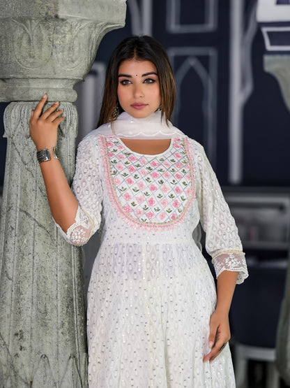 Anarkali Gota Patti with embroidered flowers Kurta with Pant & Organza Work Dupatta With Net Lace (3 Pieces)