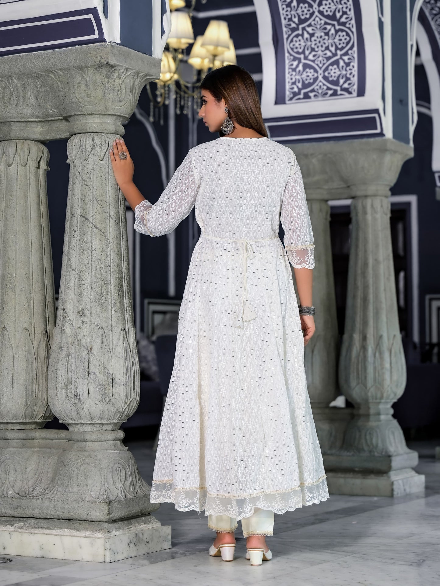 Anarkali Gota Patti with embroidered flowers Kurta with Pant & Organza Work Dupatta With Net Lace (3 Pieces)