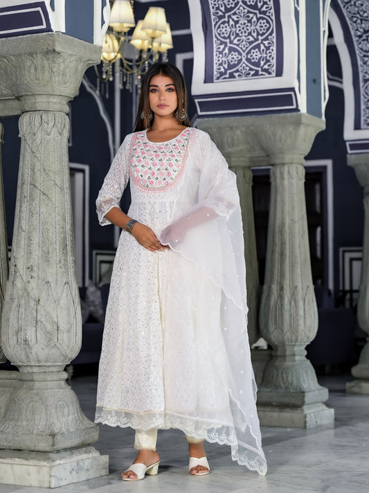 Anarkali Gota Patti with embroidered flowers Kurta with Pant & Organza Work Dupatta With Net Lace (3 Pieces)