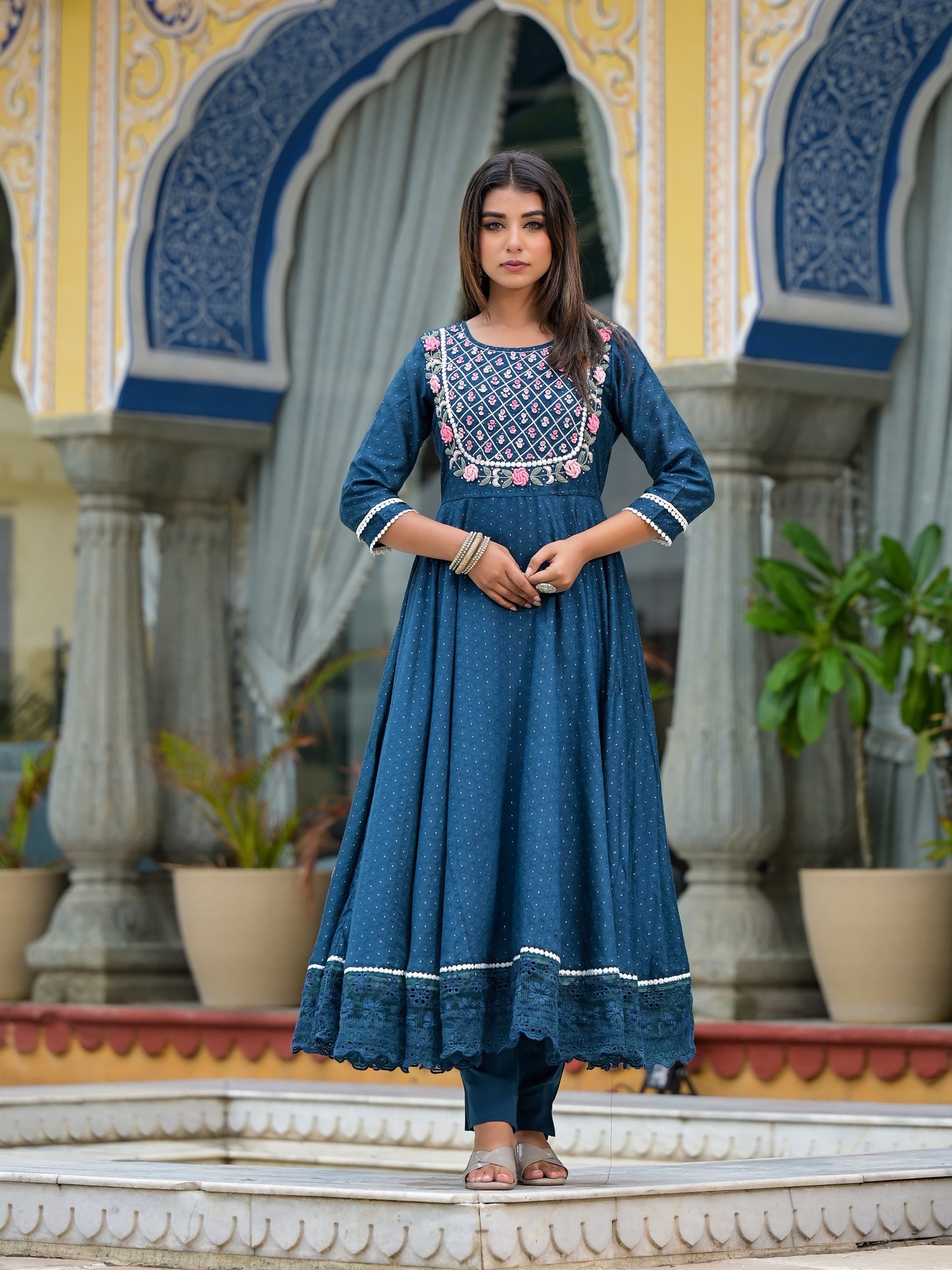 Anarkali Spring flower work Kurta with Pant & Shifon Dupatta 6-meter gira (3 Pieces)