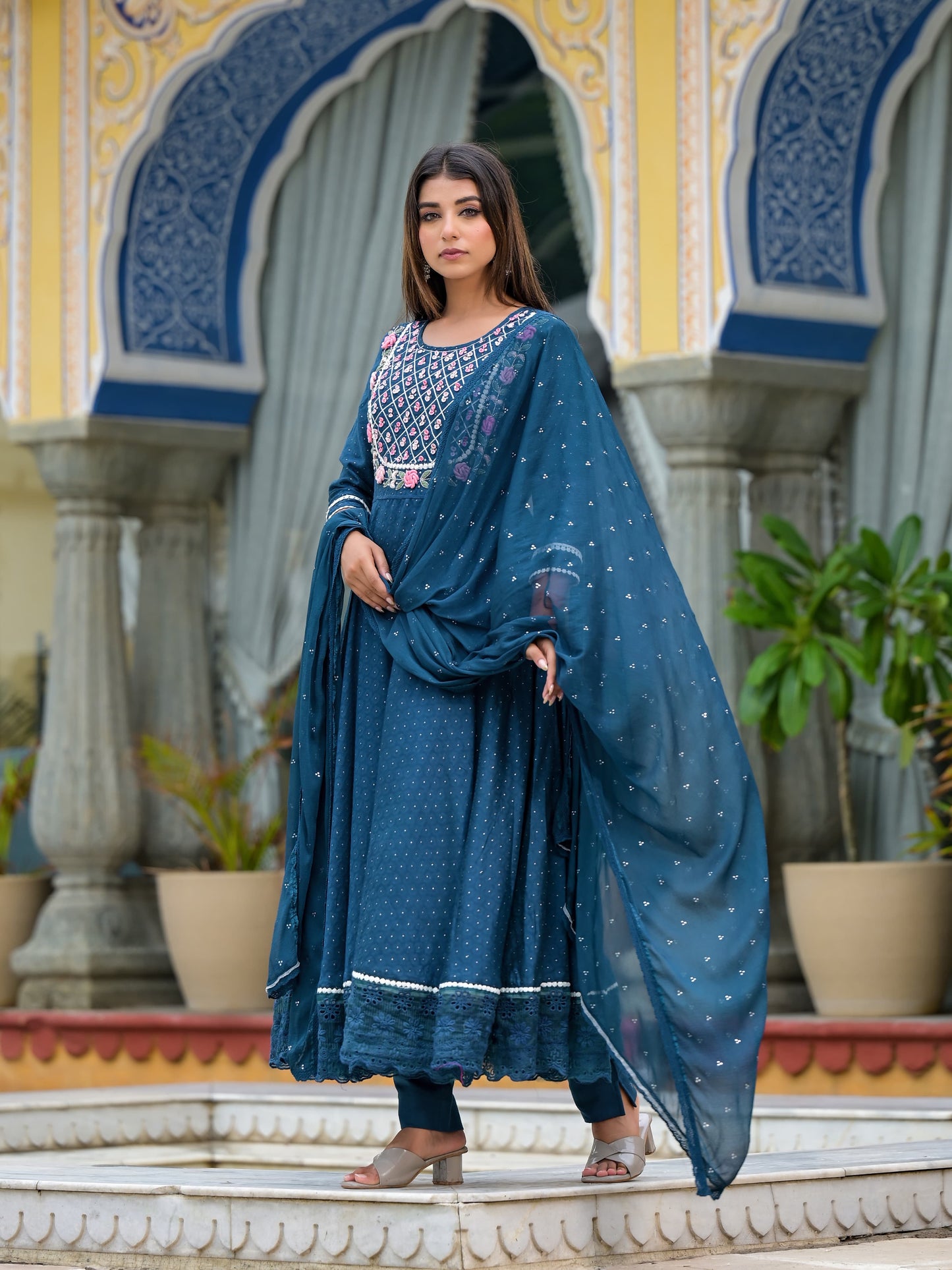 Anarkali Spring flower work Kurta with Pant & Shifon Dupatta 6-meter gira (3 Pieces)