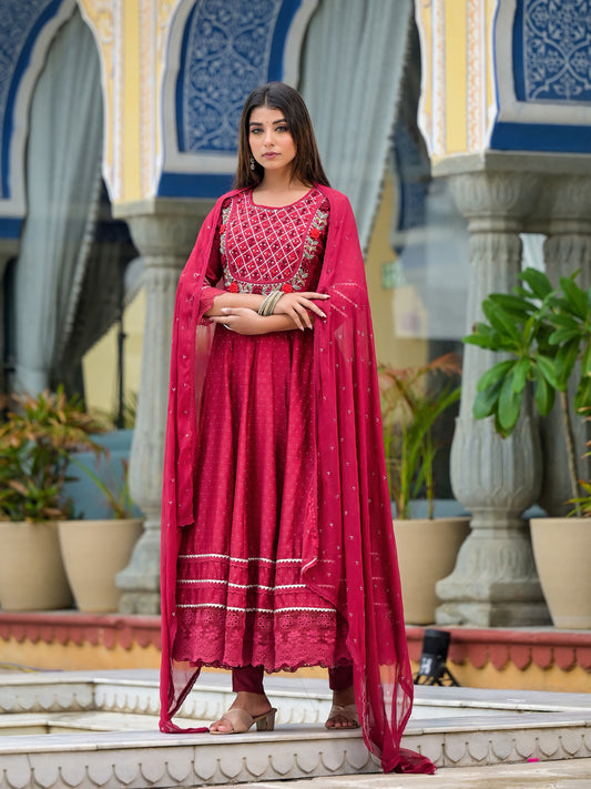 Anarkali Spring flower work Kurta with Pant & Shifon Dupatta 6-meter gira (3 Pieces)