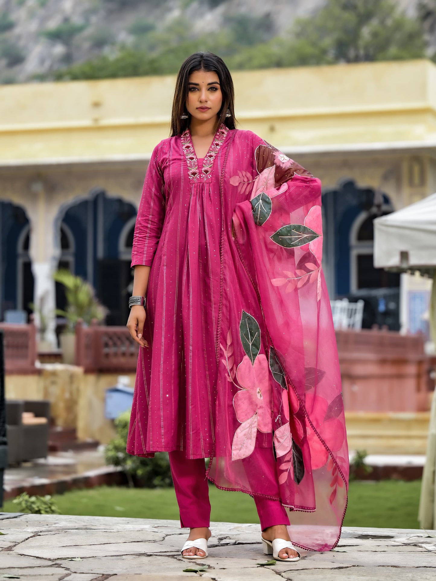 A-Line Hand Printed Cotton Kurta with Pant & Gota Zari Organza Dupatta(3 Pieces)