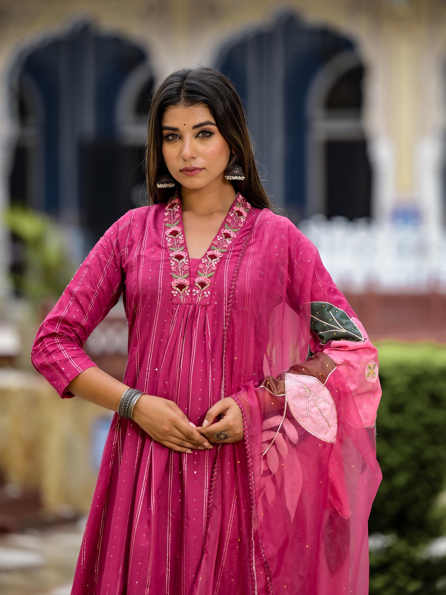 A-Line Hand Printed Cotton Kurta with Pant & Gota Zari Organza Dupatta(3 Pieces)