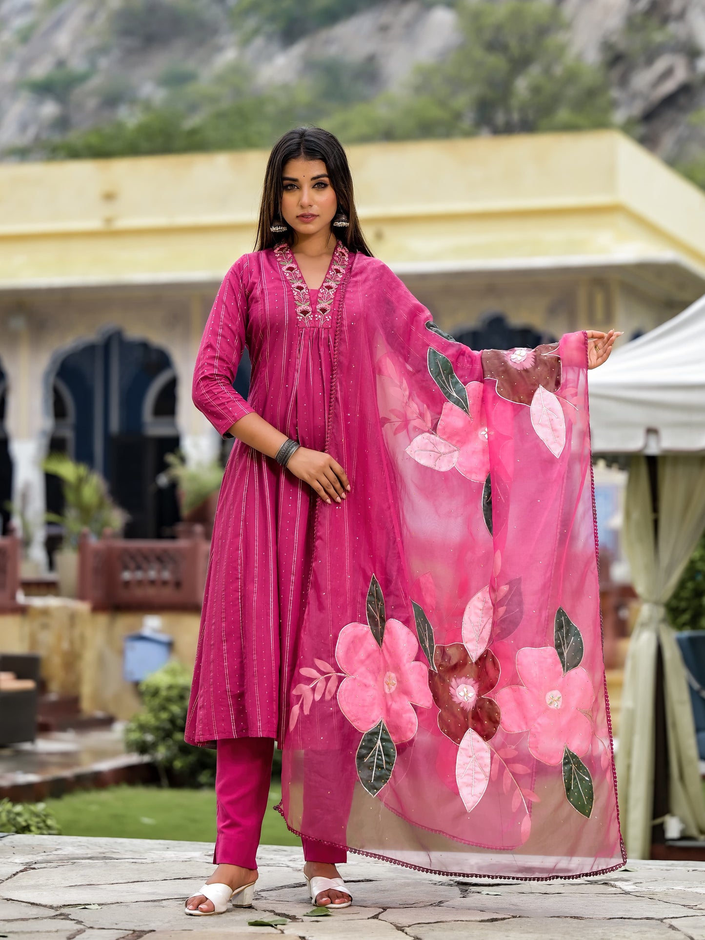A-Line Hand Printed Cotton Kurta with Pant & Gota Zari Organza Dupatta(3 Pieces)