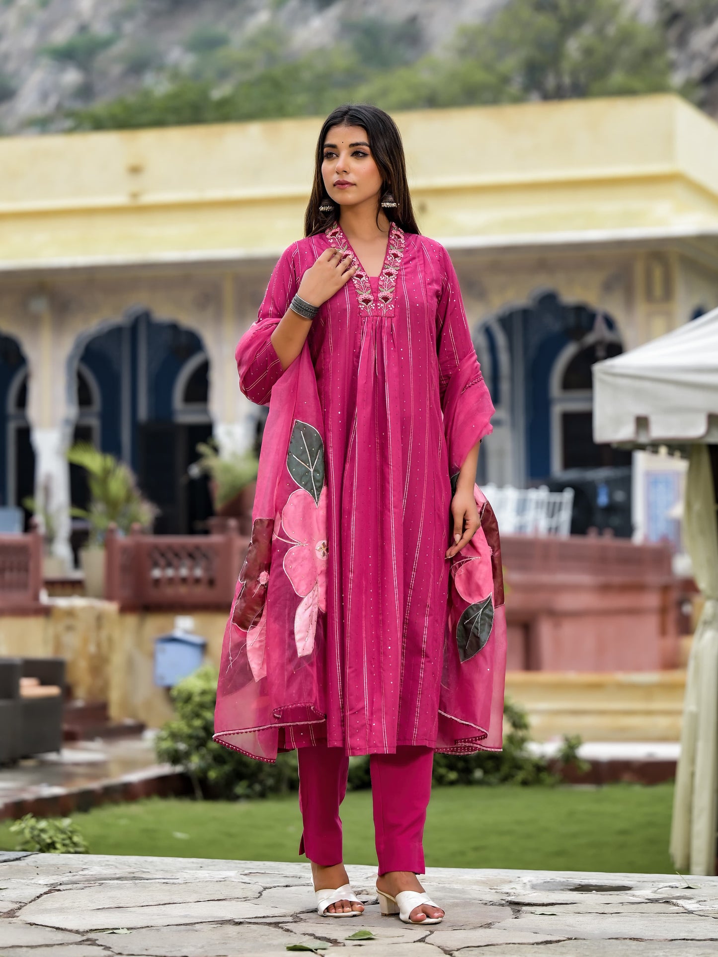 A-Line Hand Printed Cotton Kurta with Pant & Gota Zari Organza Dupatta(3 Pieces)