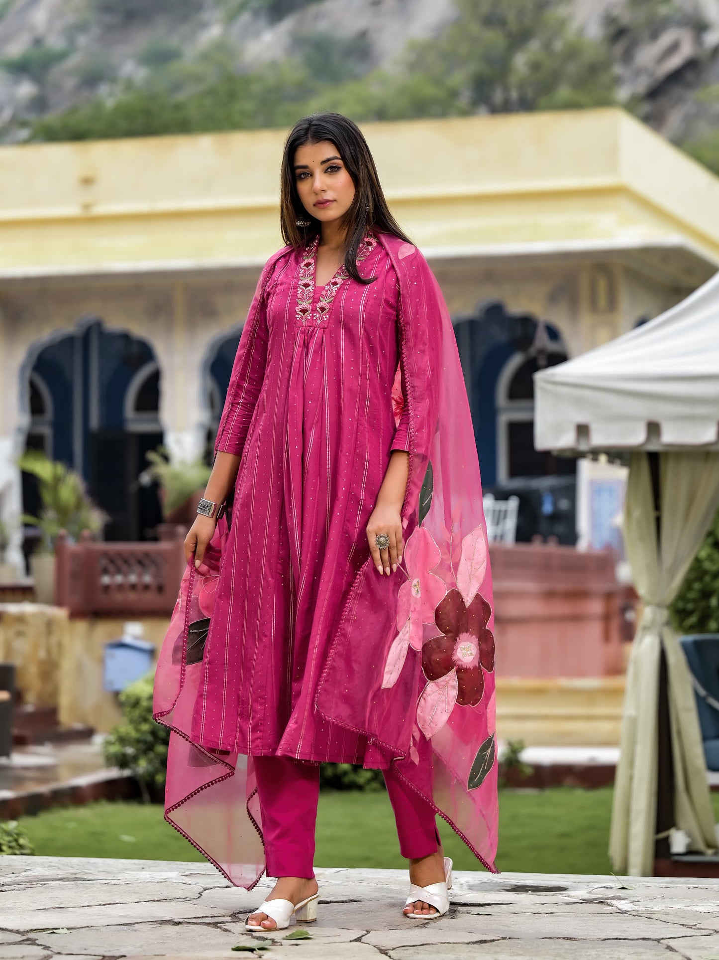 A-Line Hand Printed Cotton Kurta with Pant & Gota Zari Organza Dupatta(3 Pieces)