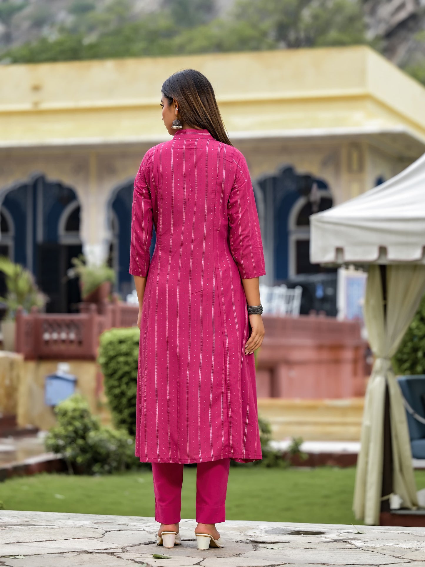 A-Line Hand Printed Cotton Kurta with Pant & Gota Zari Organza Dupatta(3 Pieces)