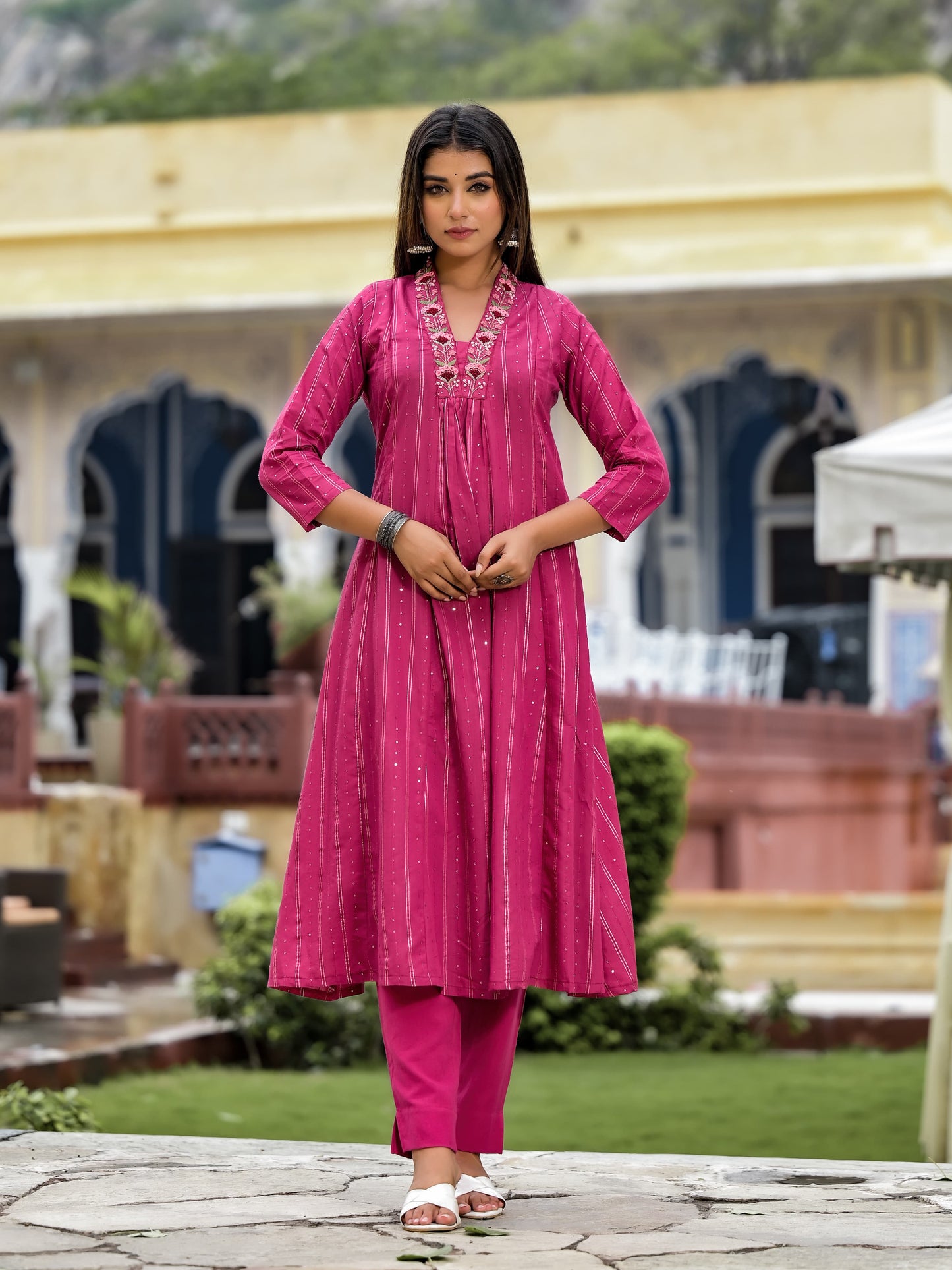 A-Line Hand Printed Cotton Kurta with Pant & Gota Zari Organza Dupatta(3 Pieces)