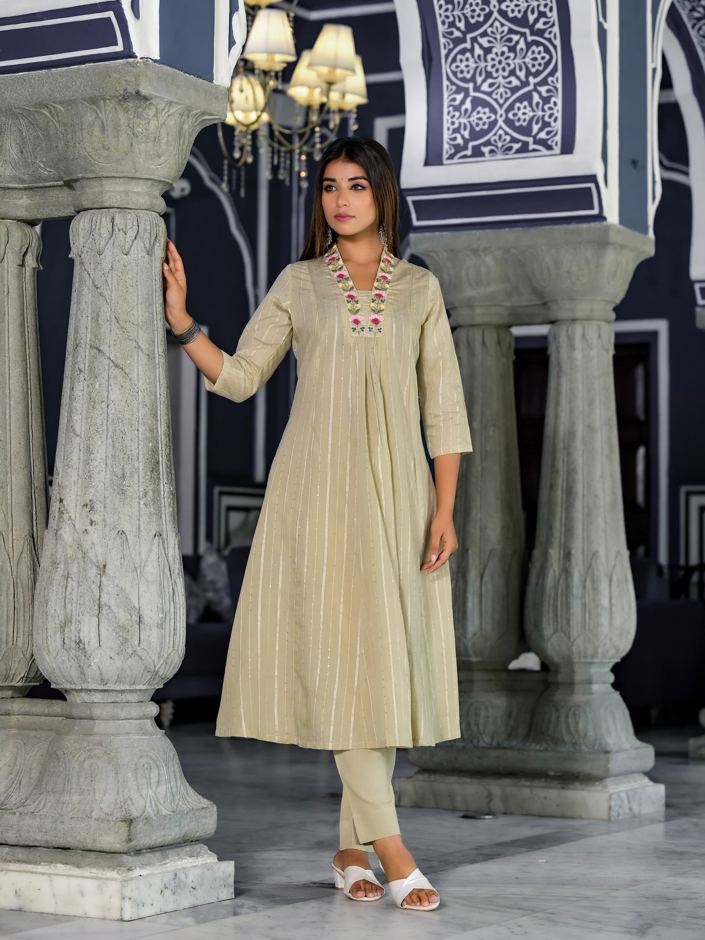 A-Line Hand Printed Cotton Kurta with Pant & Gota Zari Organza Dupatta(3 Pieces)