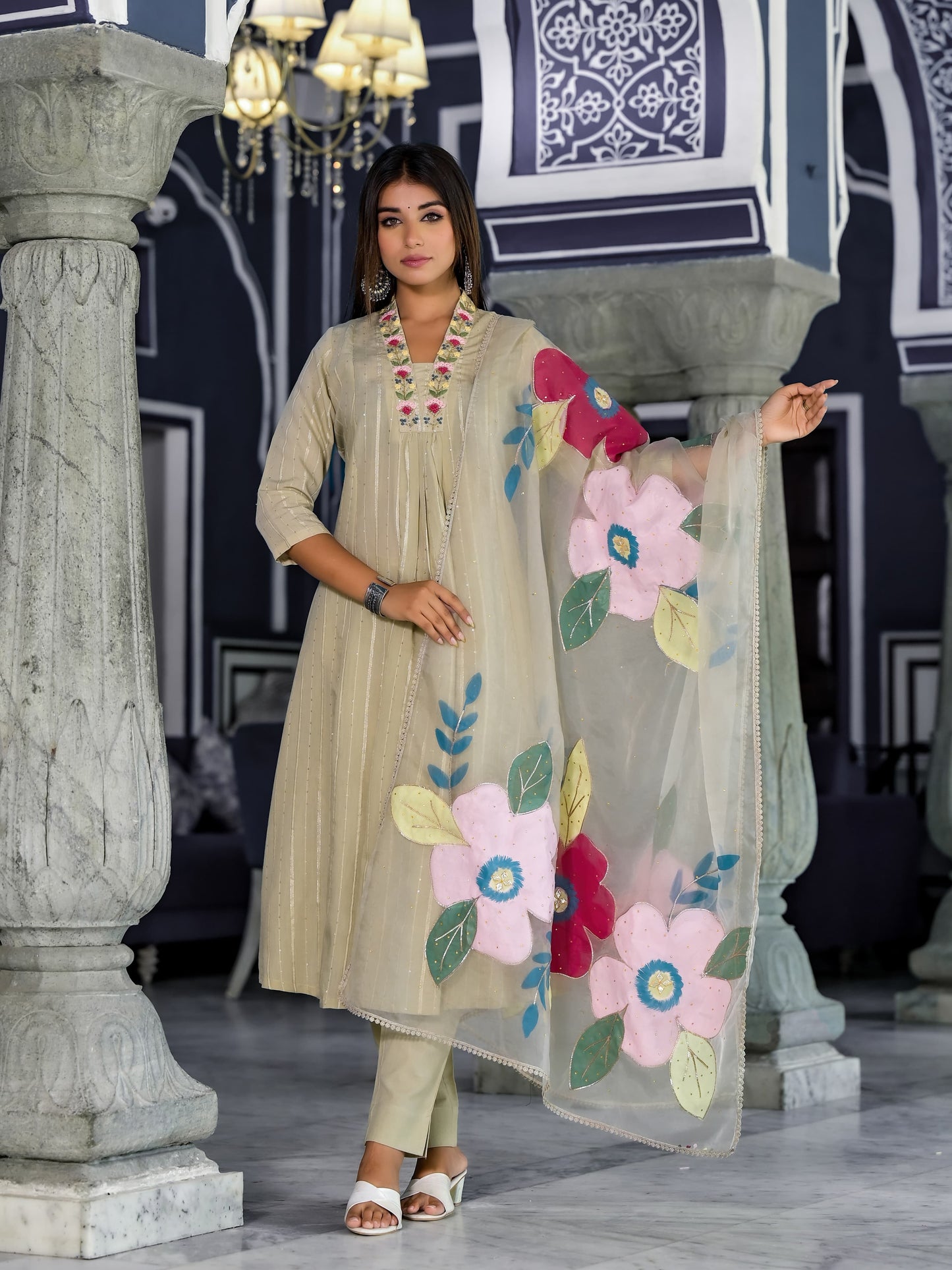 A-Line Hand Printed Cotton Kurta with Pant & Gota Zari Organza Dupatta(3 Pieces)