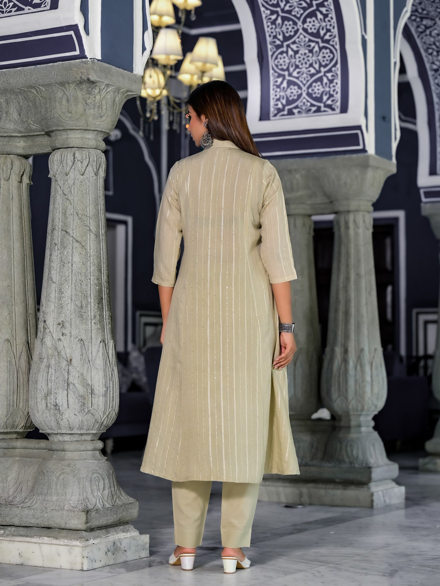A-Line Hand Printed Cotton Kurta with Pant & Gota Zari Organza Dupatta(3 Pieces)