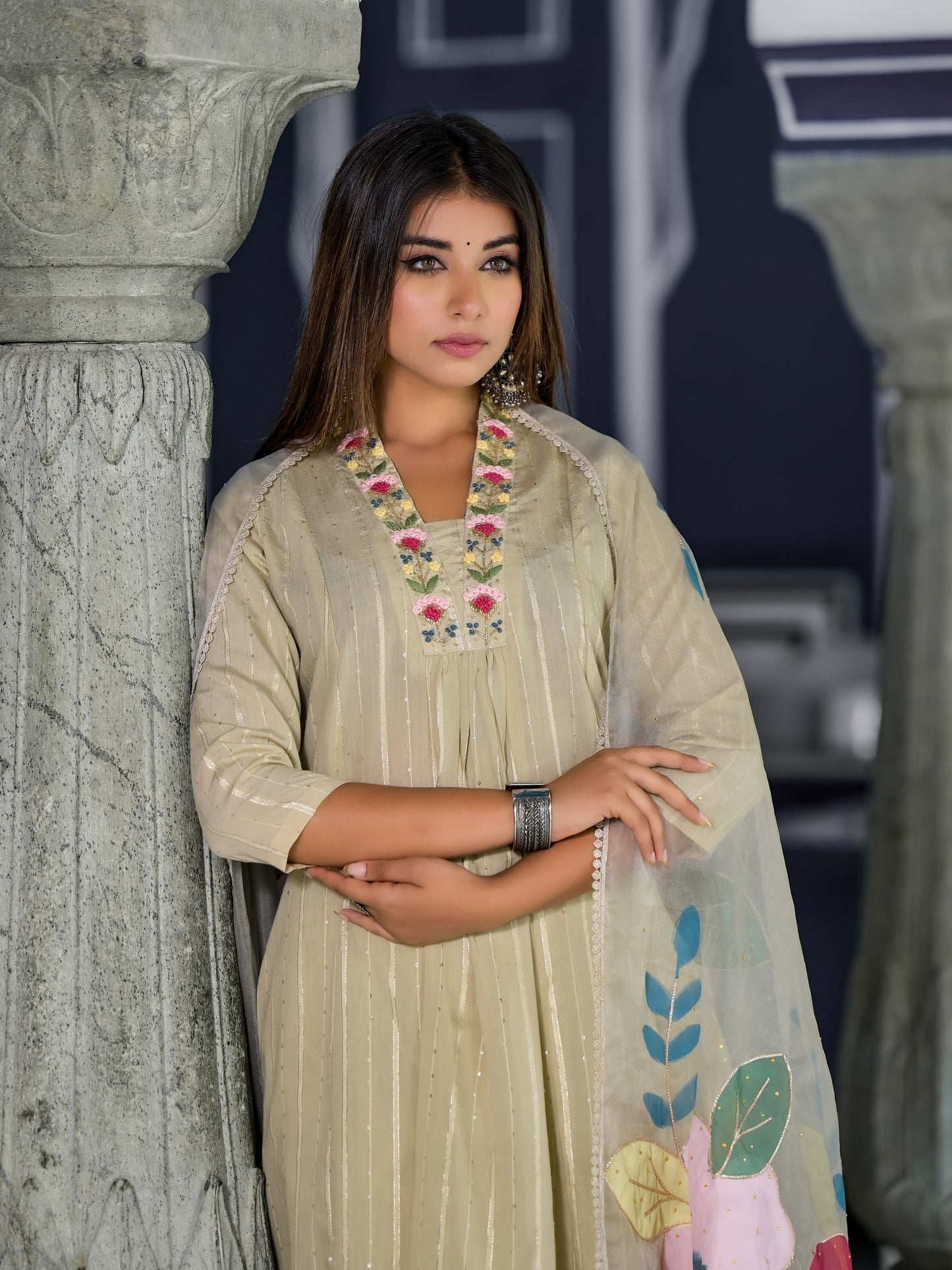 A-Line Hand Printed Cotton Kurta with Pant & Gota Zari Organza Dupatta(3 Pieces)