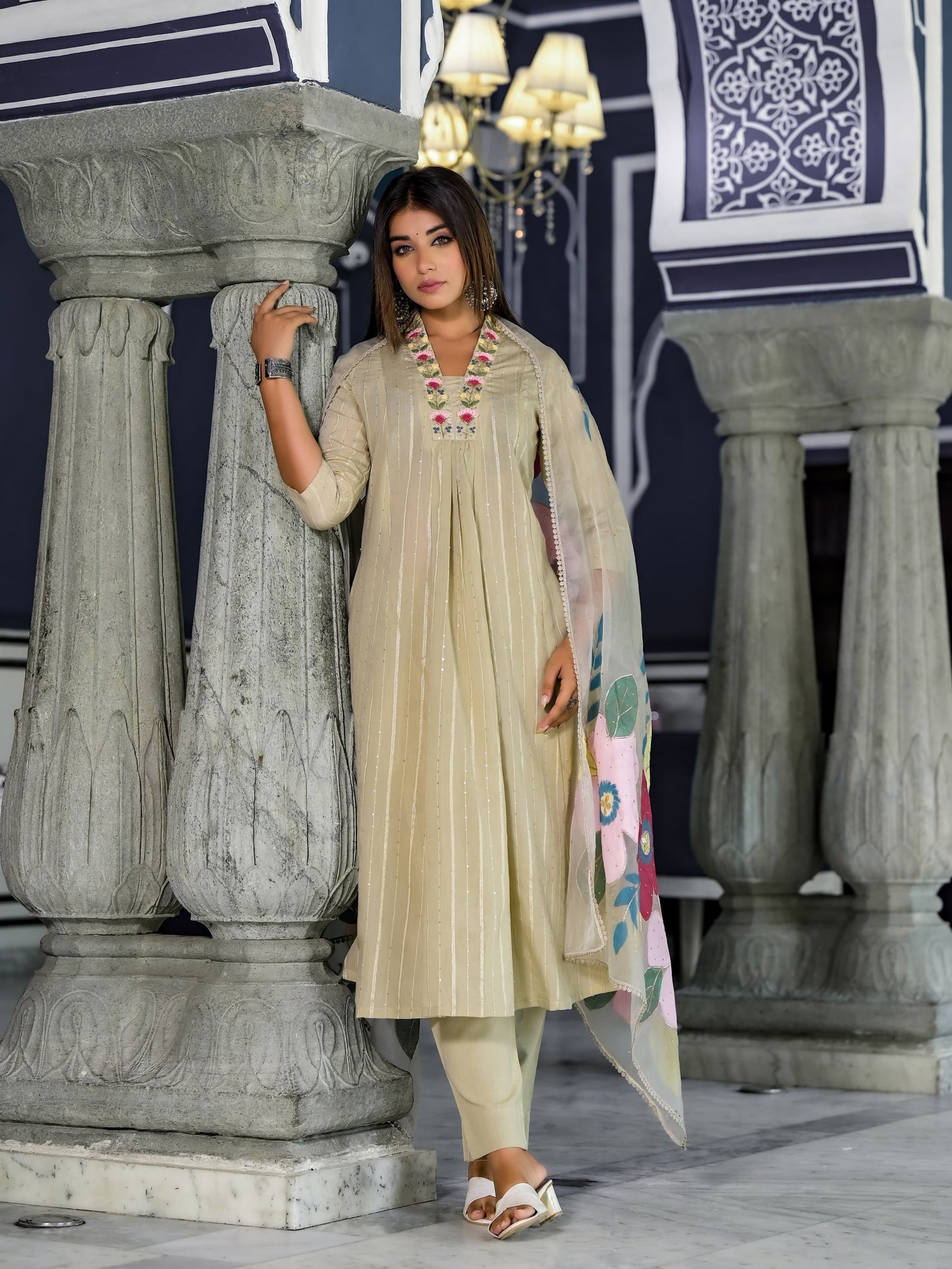 A-Line Hand Printed Cotton Kurta with Pant & Gota Zari Organza Dupatta(3 Pieces)