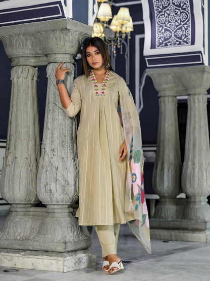 A-Line Hand Printed Cotton Kurta with Pant & Gota Zari Organza Dupatta(3 Pieces)