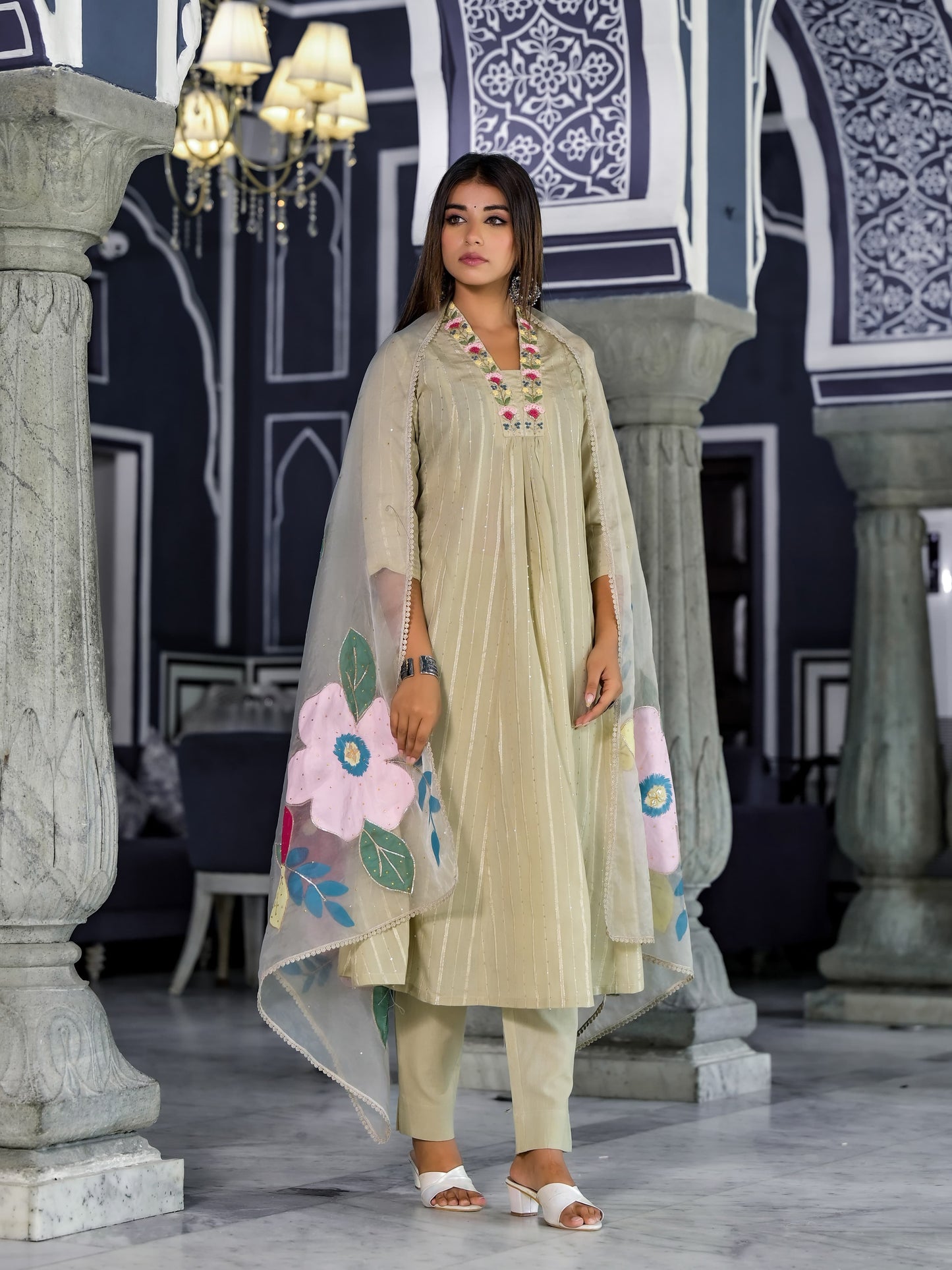 A-Line Hand Printed Cotton Kurta with Pant & Gota Zari Organza Dupatta(3 Pieces)