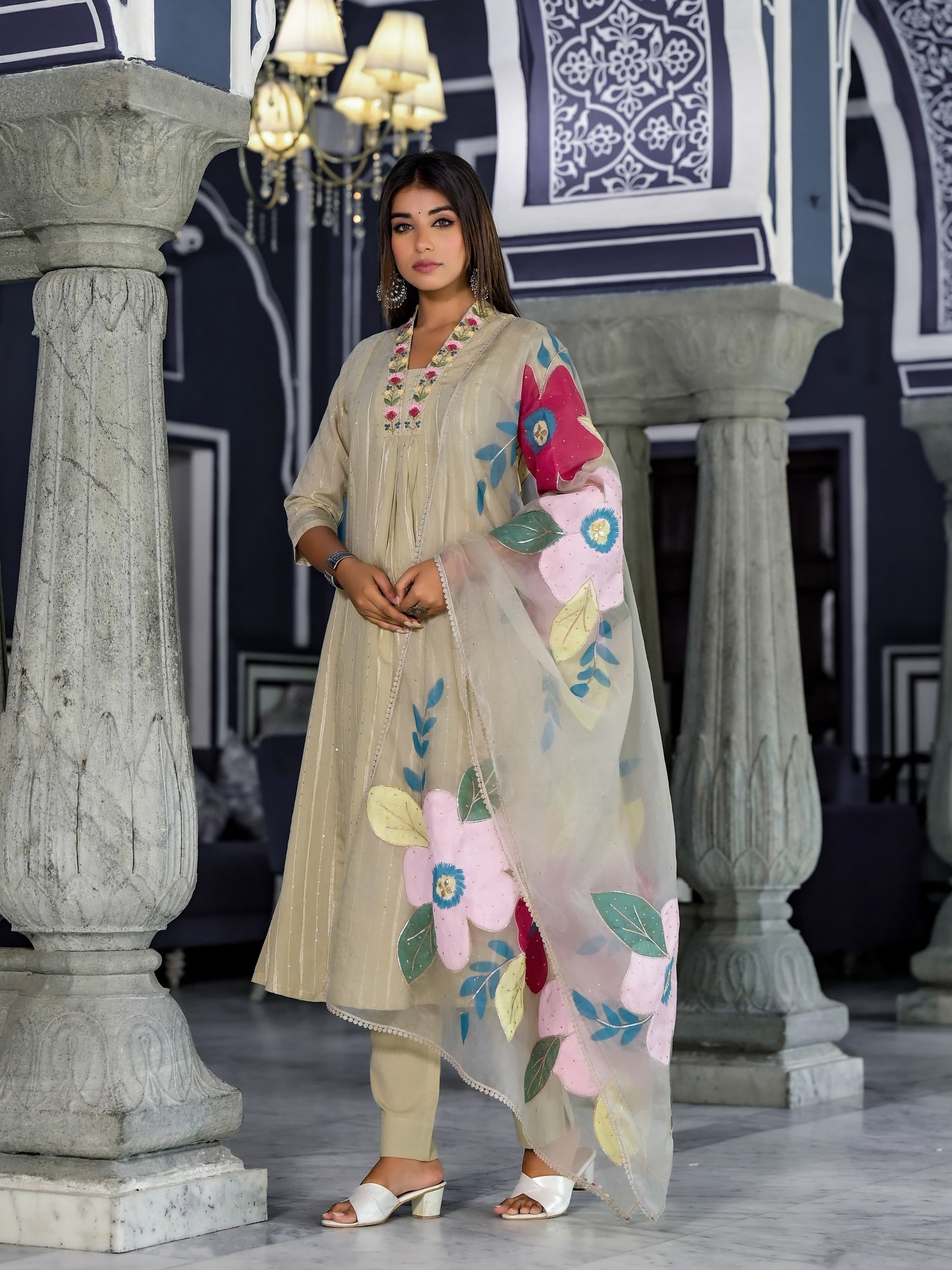 A-Line Hand Printed Cotton Kurta with Pant & Gota Zari Organza Dupatta(3 Pieces)