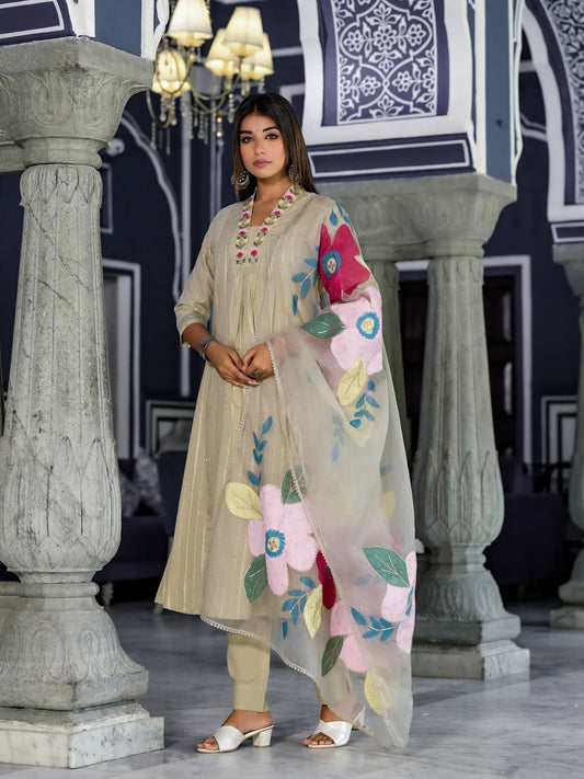 A-Line Hand Printed Cotton Kurta with Pant & Gota Zari Organza Dupatta(3 Pieces)