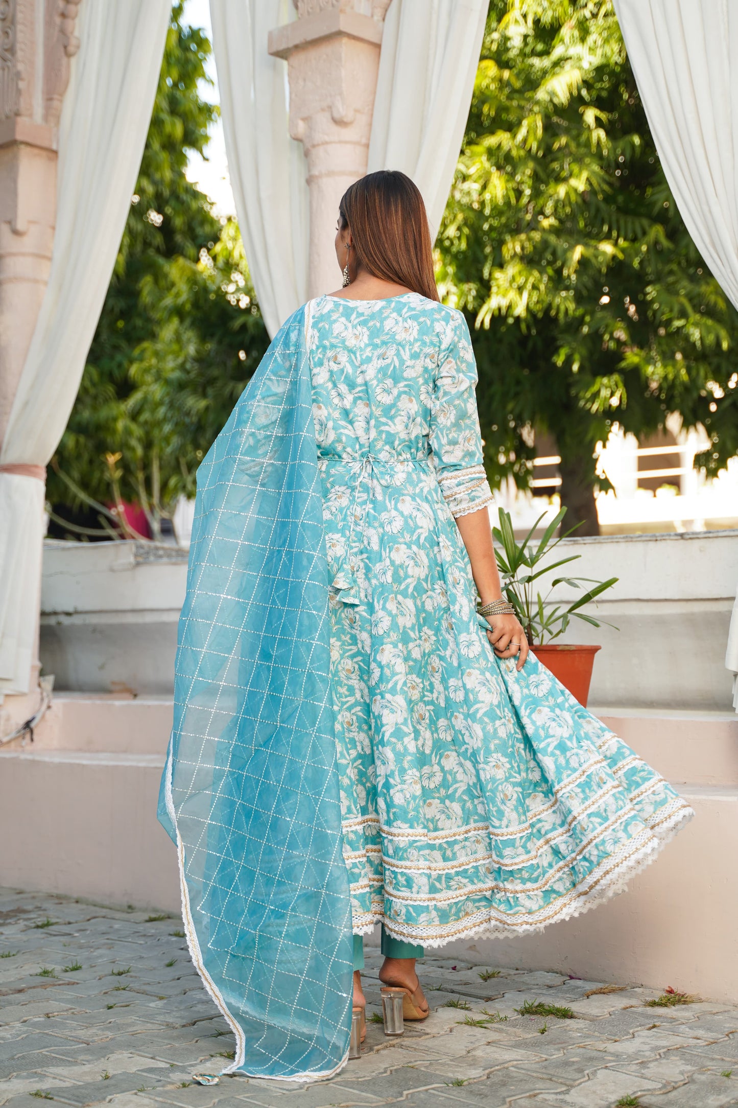 Anarkali Spring work Chanderi Kurta with Pant & Organza Dupatta 6-meter gira (3 Pieces)